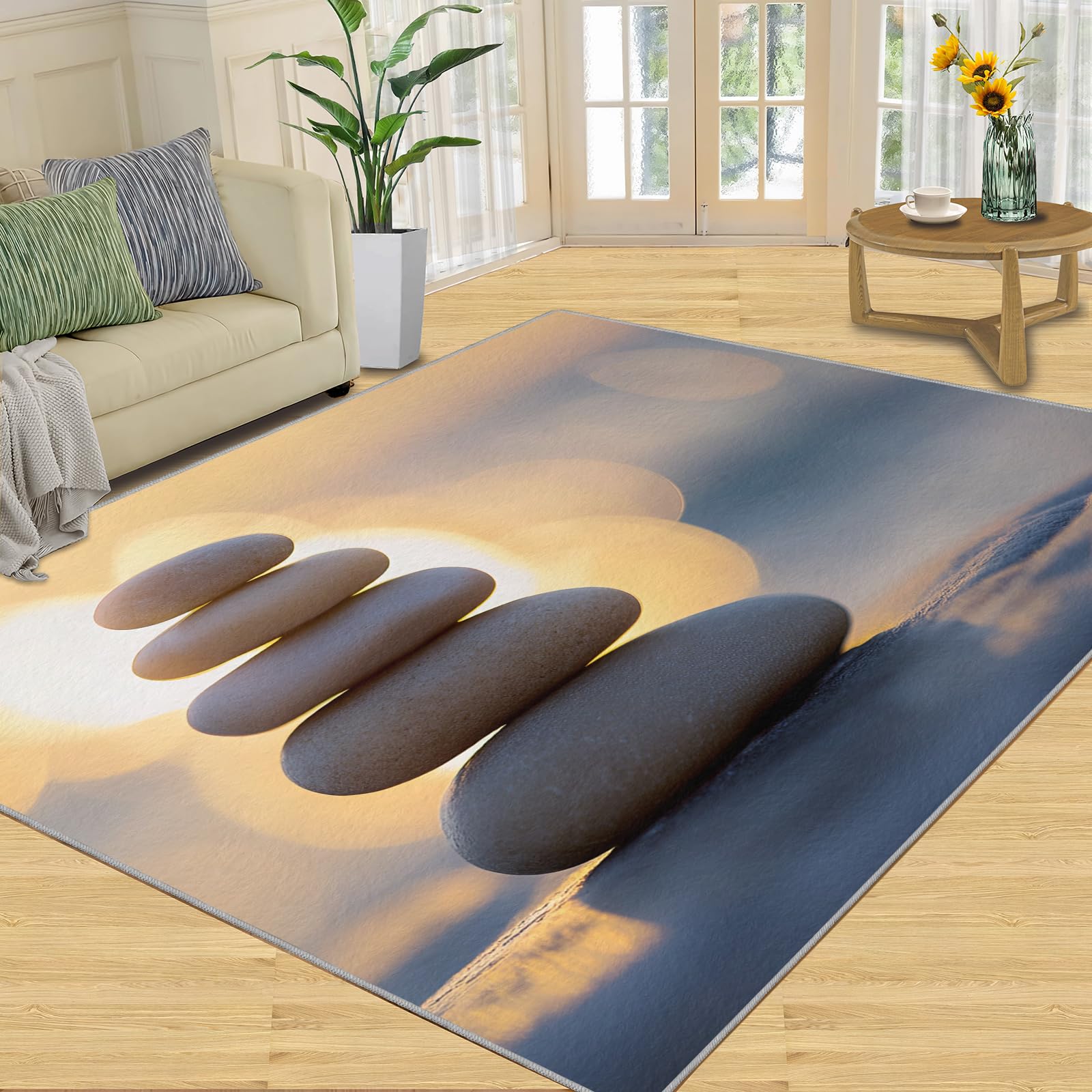 Zen Sand Rug 6x9, Zen Stone Area Rug - Non-Slip Washable Rugs for