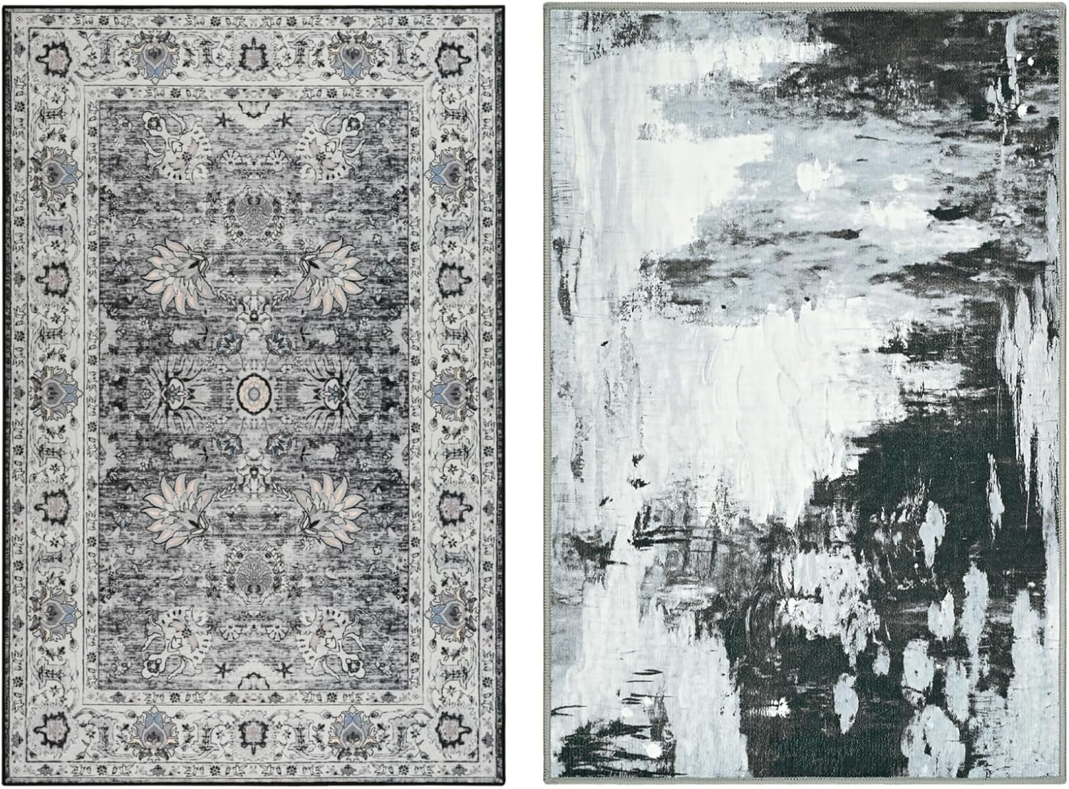 Washable Area Rug 5x7 Grey Boho Rugs for Bedroom Living Room Non Slip Vintage Floral Rug and 5x7 Modern Abstract Area Rug for Living Room Grey Bundled