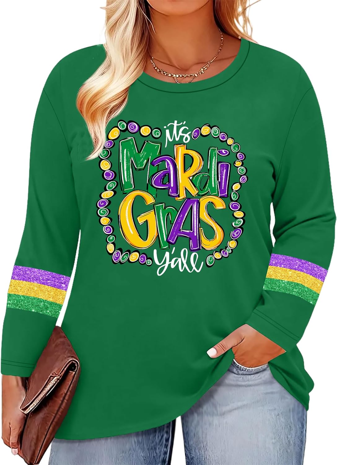 Plus Size Mardi Gras Shirt It's Mardi Gras Y'all Graphic Tops Mardi Gras Gift Casual Crew Neck Long Sleeve Tops