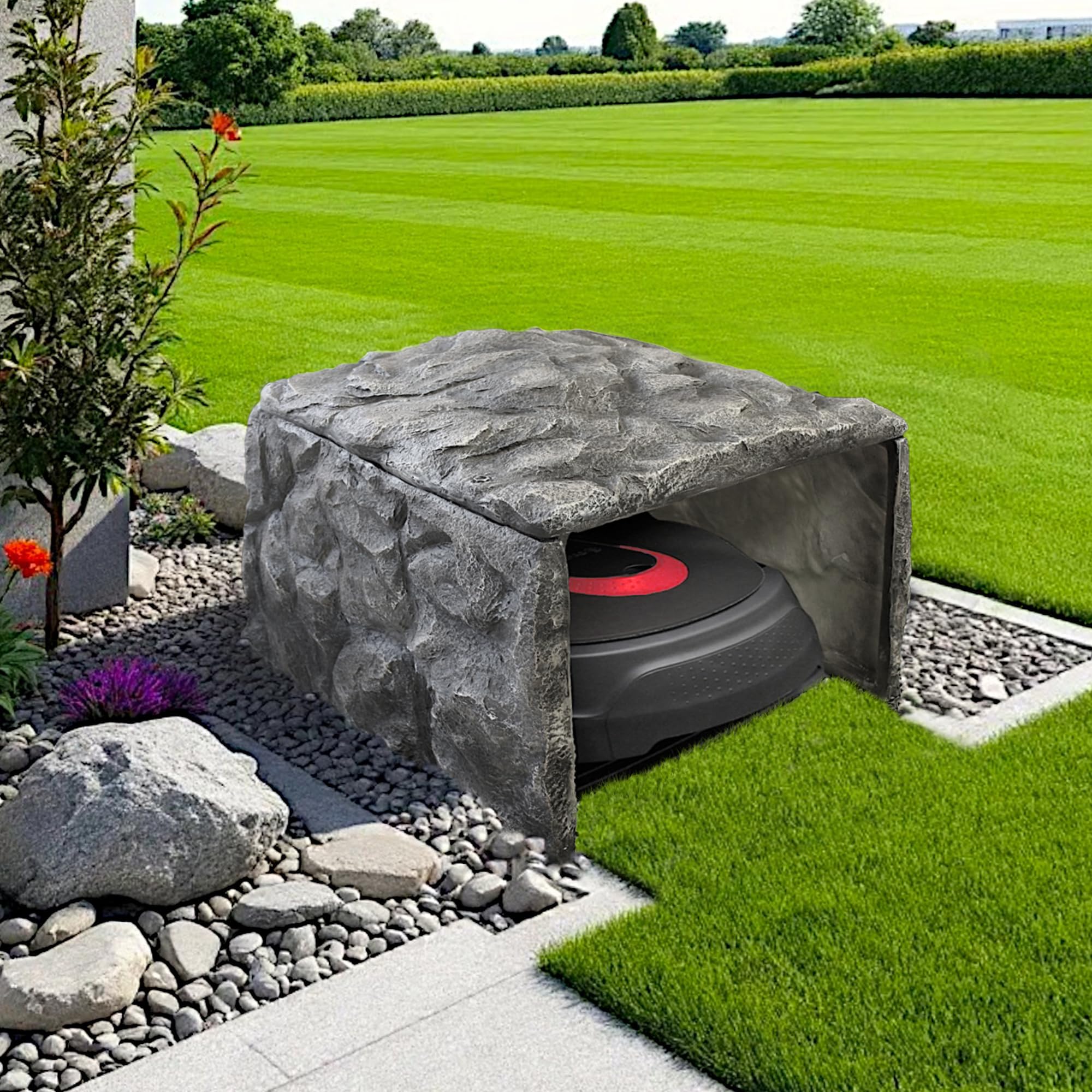 Mähroboter Garage in Steinoptik Carport Überdachung Design Garage Felsen Abdeckung 58x72x51 cm Polyresin Grau Gartenfelsen