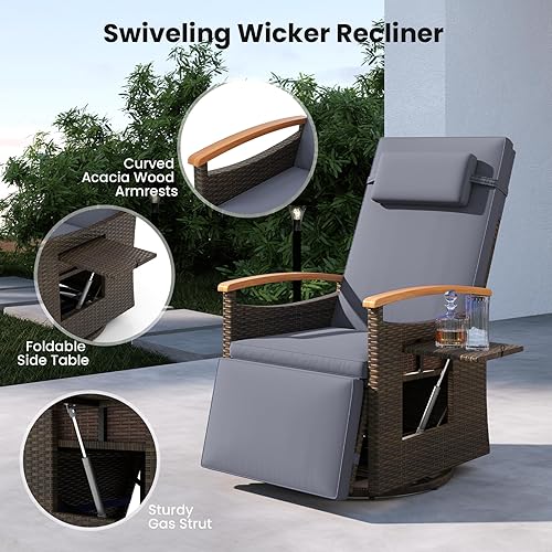 Miniatura 9 de Tangkula Silla reclinable giratoria de ratán de 360 grados, silla de mimbre con respaldo ajustable y reposapiés, asiento reclinable acolchado con