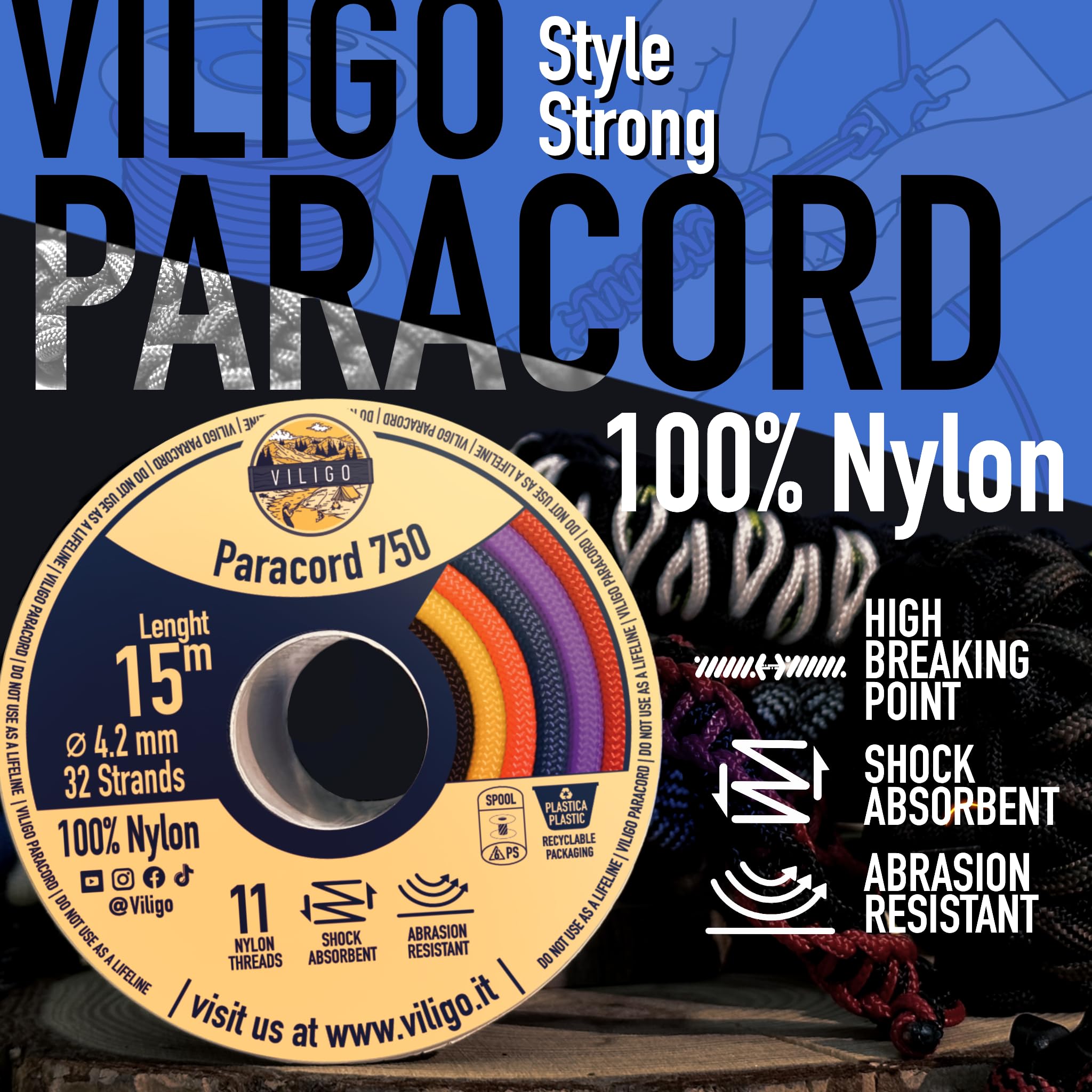 Paracord 750 - Typ IV (4,2 mm) - Nylonowy warkocz, 11 przewodów wewnętrznych - idealny do biwakowania i aktywności na świeżym powietrzu, liny uniwersalnej (15 m, oliwki)
