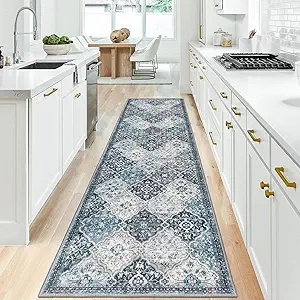 KILOCOCO 2.6x10 Runner Rug, Moroccan Super Soft Washable Hallway Entryway Rug, Accent Print Faux Wool Kitchen Runner 10 Ft Non-Slip Boho Carpet for Laundry Bedroom, Blue/Multi