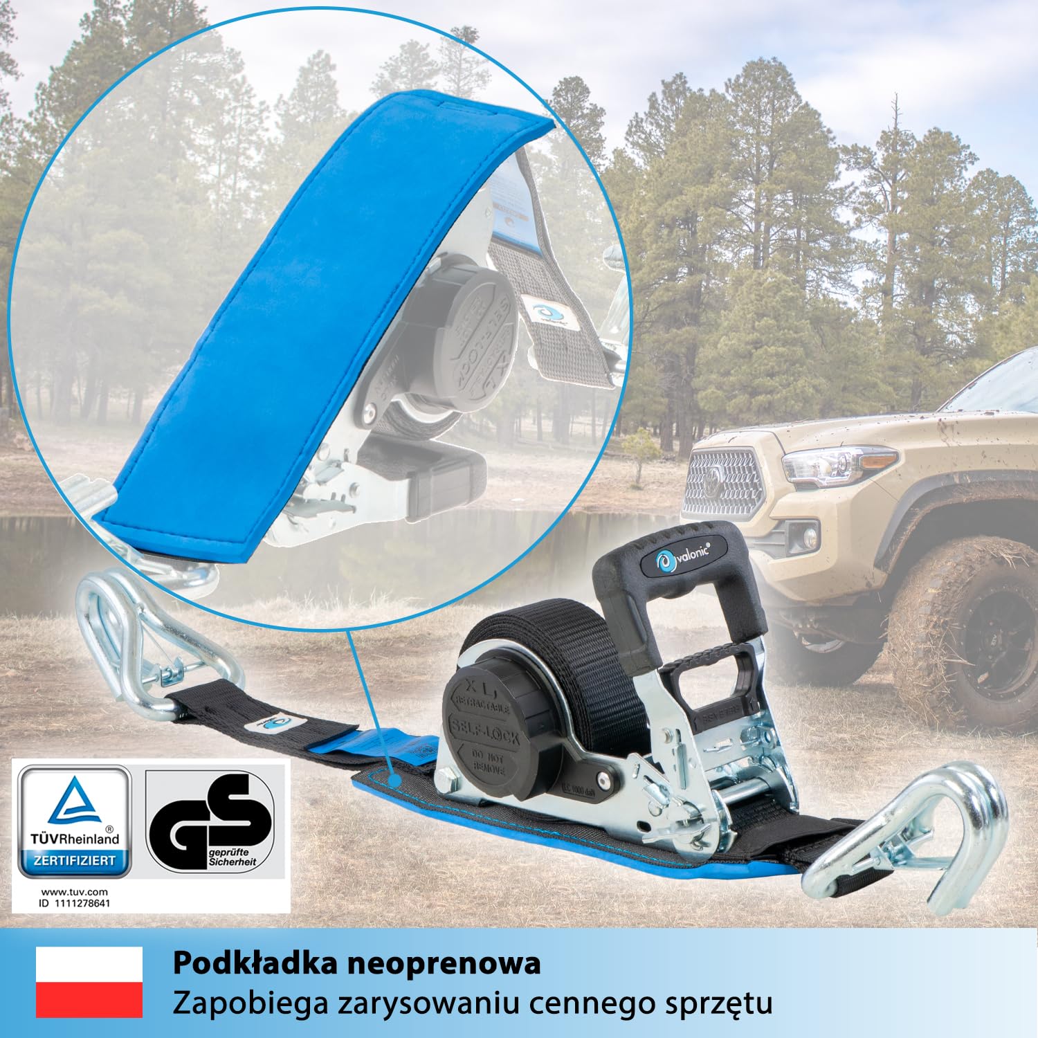 valonic GRIZZLY - XXL Automatyczny pas mocujący Premium z karabińczykiem, wyściełany, 2 sztuki, 5m, 35mm, 800/1600 kg, z grzechotką, EN-12195-2, czarny