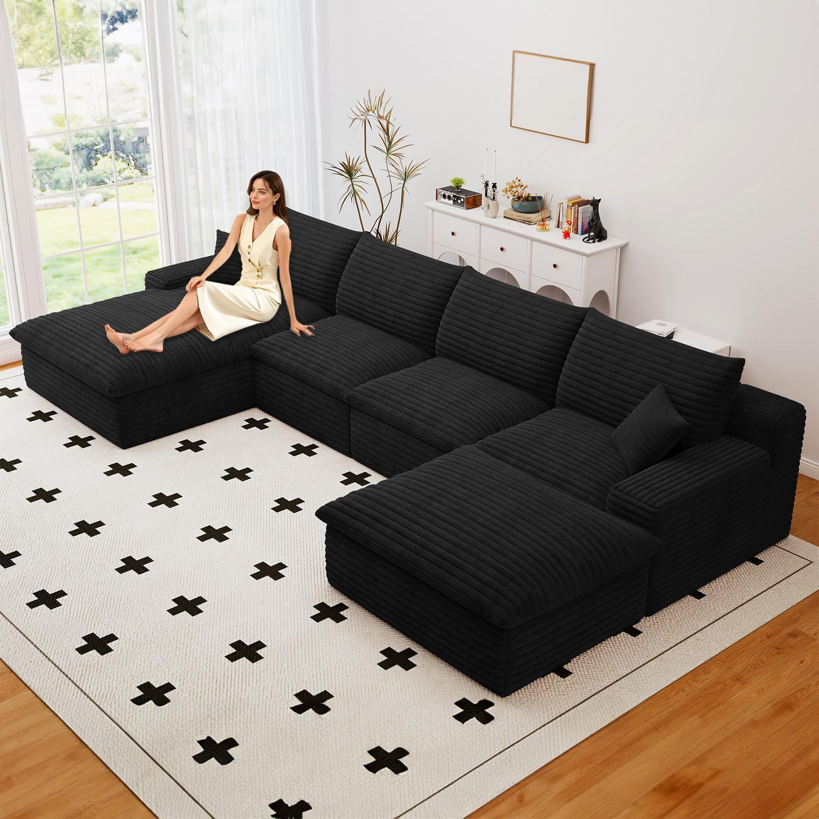 136" Cloud Couch Modular Sectional Sofa for Living Room, U-Shape Boneless Couch with Deep Seat, Modern Corduroy 4-Seater with Ottoman, No Assembly Required (Black,Left-Facing Chaise)