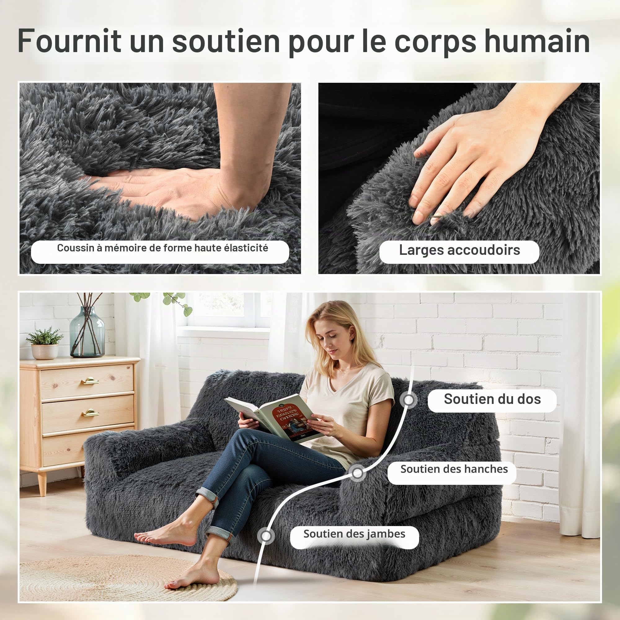 Pamapic Pouf Salon, Pouf Géant 2 Places avec Éponge de Remplissage, Fauteuil Salon en Fausse Fourrure, Doux et Confortable, Idéal pour Salon, Chambre, Design Ergonomique pour Adulte, Enfant, Gris