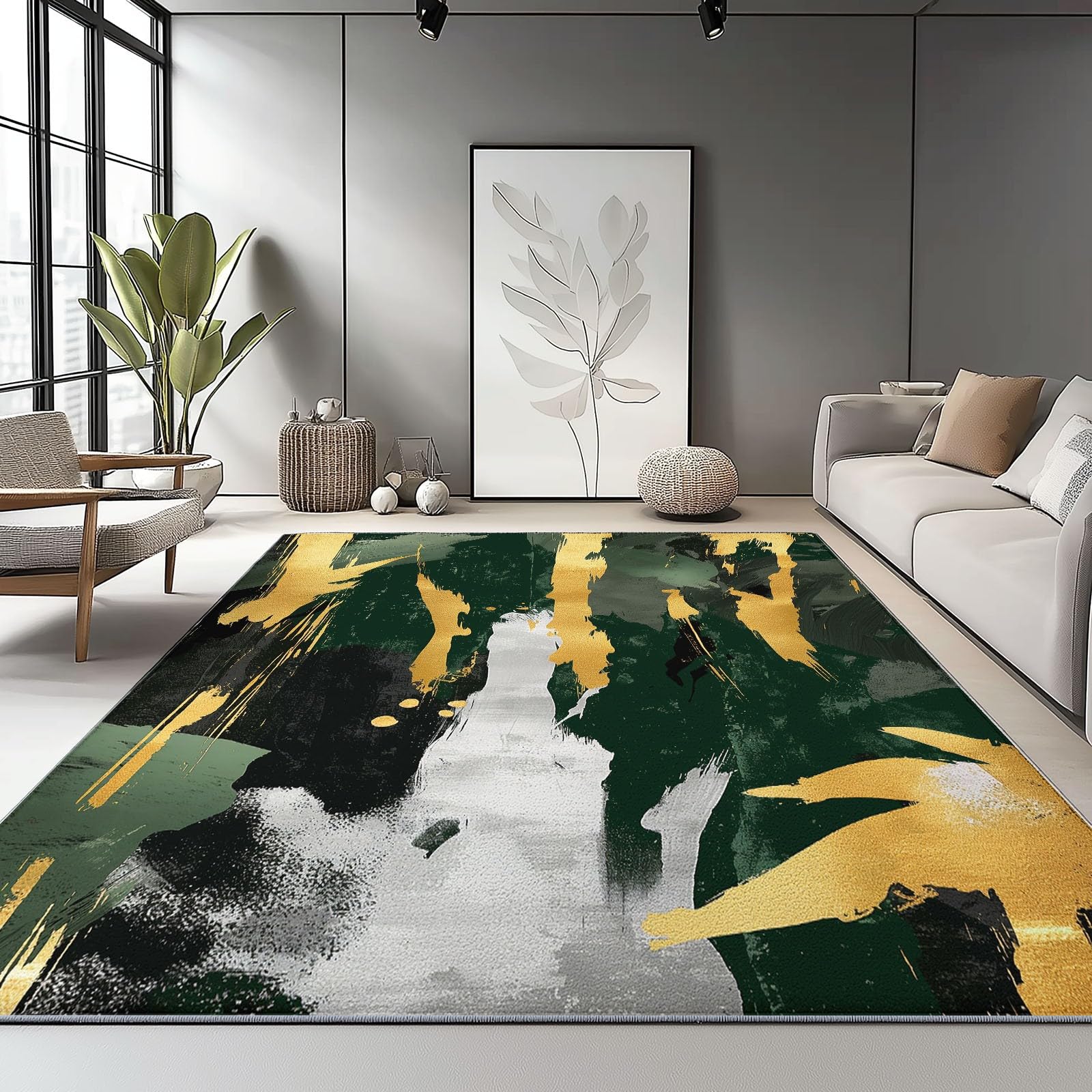Dywaniki do salonu, 140 x 200 cm, zmywalny, antypoślizgowy, wzór kamuflażu, dywany do sypialni, niskie runo, cienka mata podłogowa, dywan do jadalni, kuchni, biura, dekoracja, zielone złoto