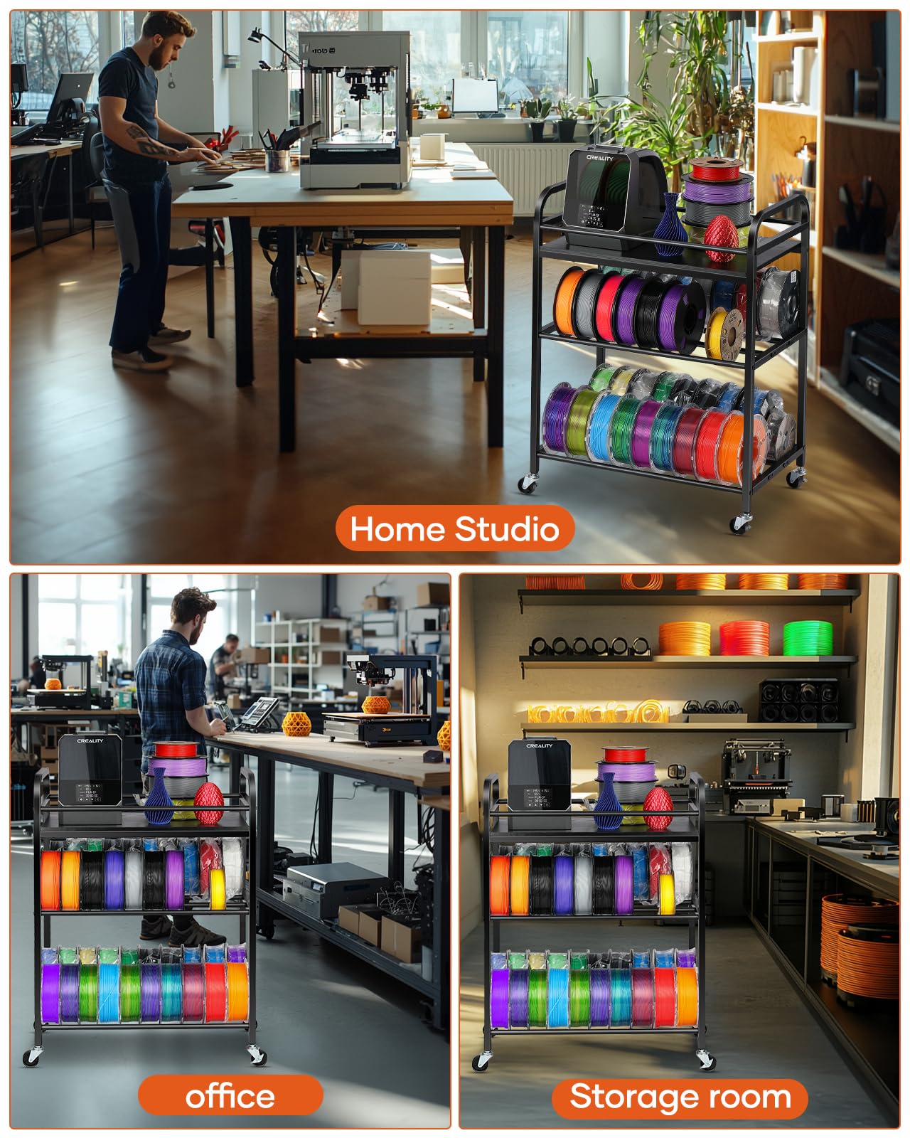 Filament-Aufbewahrungsregal für 3D-Drucker, rollende Filament-Spulenhalter mit Rollen, robustes Metallregal für PLA/ABS/TPU/Nylon, Filamente organisiert für 3D-Druckstudio, Bürowerkstatt, Schwarz