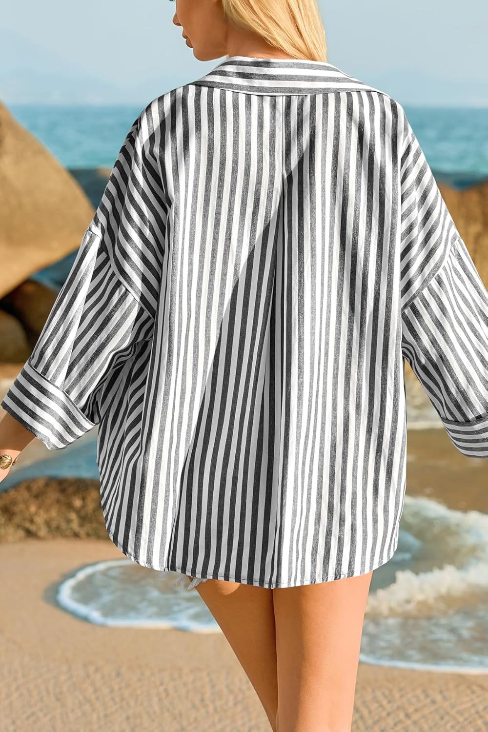 Cicy Bell Womens 3/4 Sleeve Striped Button Down Shirts Summer V Neck Tops Casual Loose Fit Work Blouse - Image 4