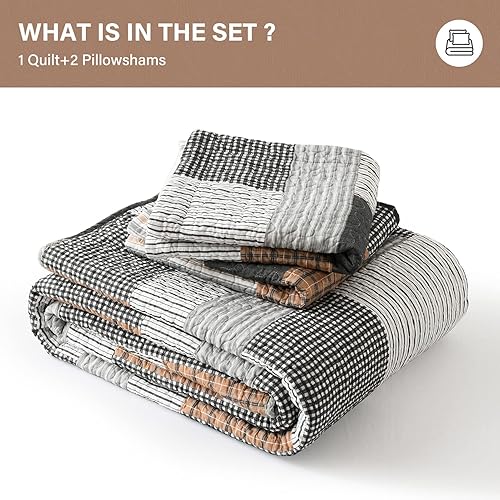 Vista 47 de SahSahCasa Juego de edredón tamaño King, juego de edredón de 100% algodón, colcha de retazos, colcha rústica ligera a cuadros para cama King, beige