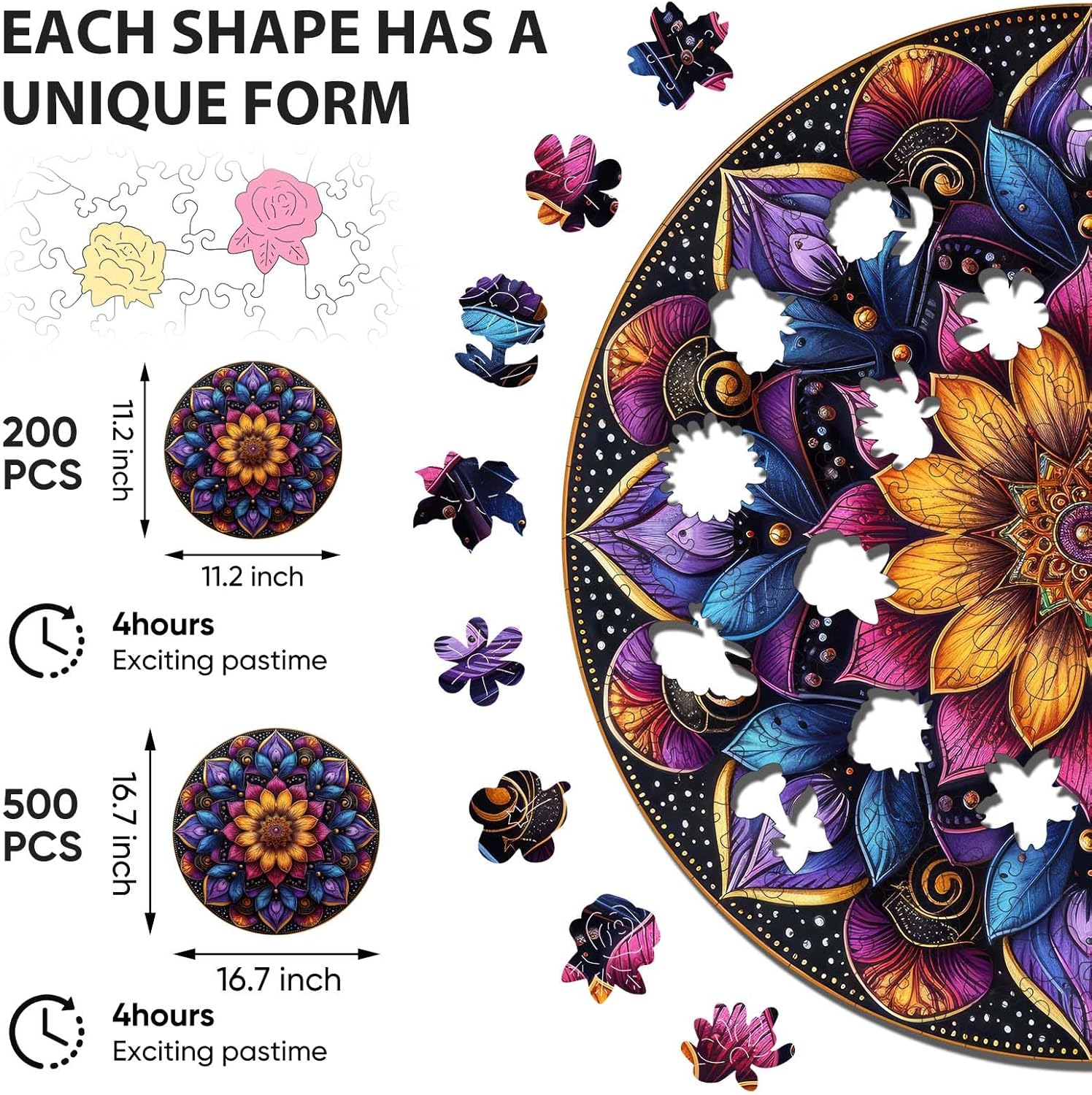 Wooden Puzzles for Adults 200 Pieces, Purple Mandala, Unique Shaped Jigsaw Puzzle, Relaxing Gift for Mom Women, Home Wall Decor, 11.2x11.2 in