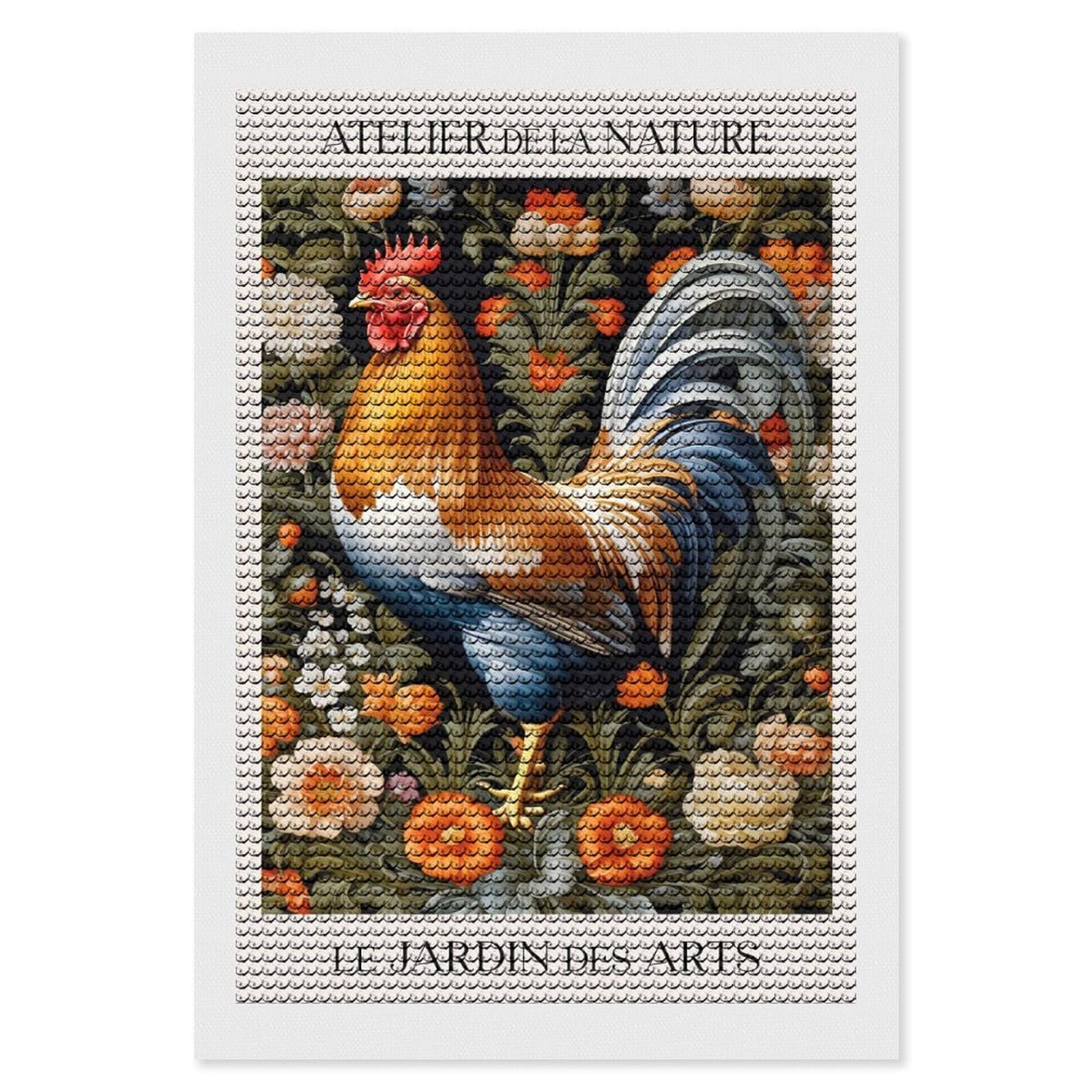 Junmoney Rooster in Nature Round Drill Diamond Painting 8"x12", for Adults, Creative Leisure Activity, Office Decor, Holiday Gift Idea
