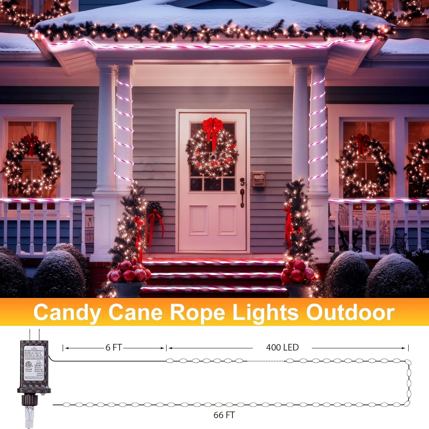 Minetom Christmas Lights Outdoor, 66 FT 400 LED Candy Canes Rope Lights Outdoor with 8 Lighting Modes, Waterproof Christmas Candy Canes Decoration, Rope Lights for Outside Indoor Tree, Pure White