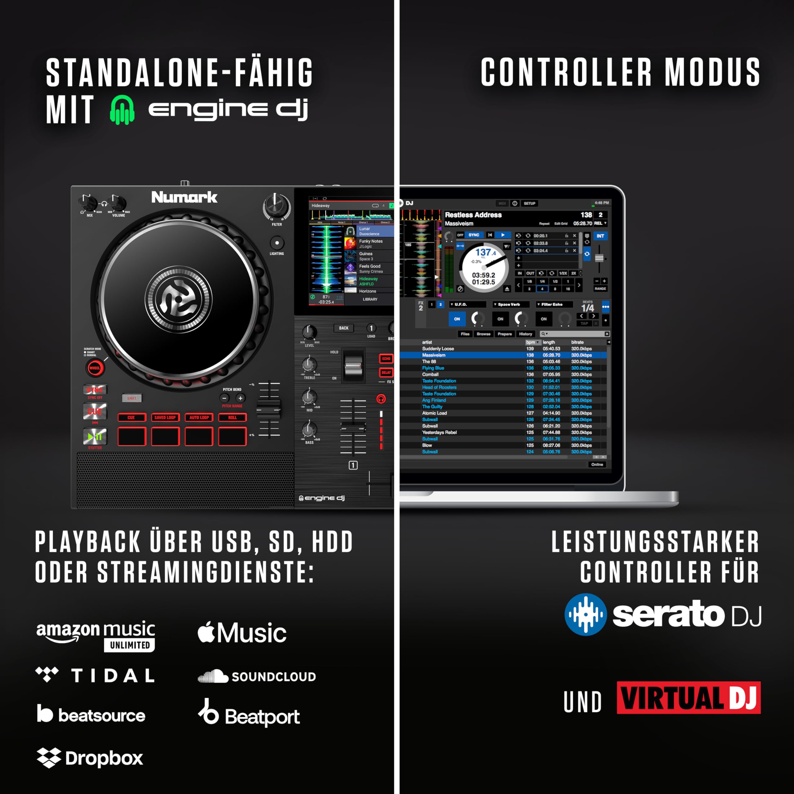 Numark Mixstream Pro+ DJ-Controller mit Stem-Trennung, 2 Decks, WLAN-Streaming, Mixer, 7 Zoll Touchscreen, Lautsprechern, kompatibel mit Serato und Virtual DJ