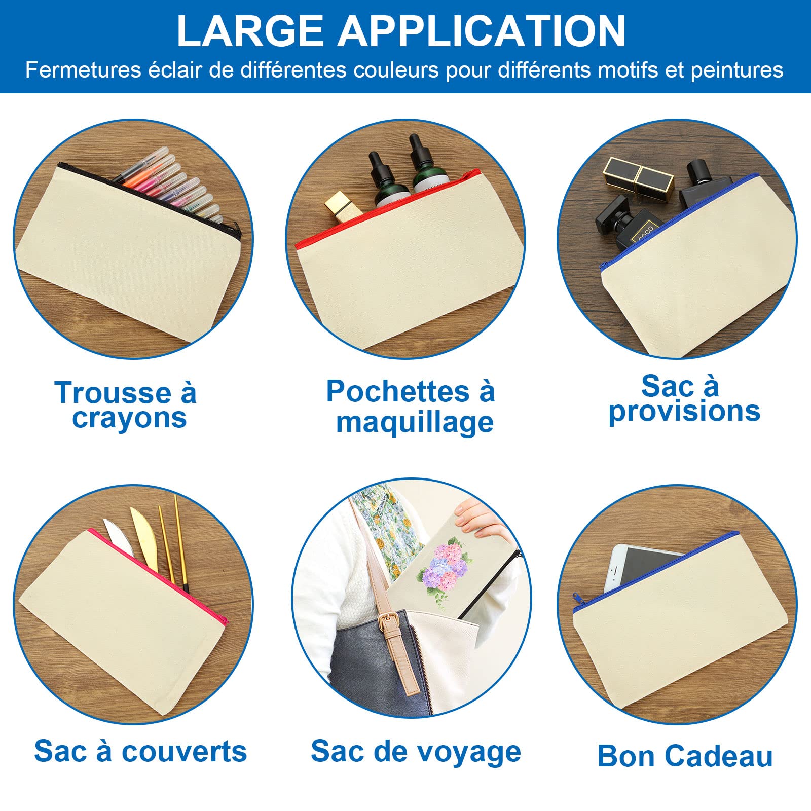 SENENQU Lot de 30 Pochette Tissu Zippée Trousse en Toile Personnalisable Couleur, 12×21CM Trousse en Tissu de Rangement, Pochette Maquillage à Personnaliser, Trousses à Crayons Vierge pour DIY