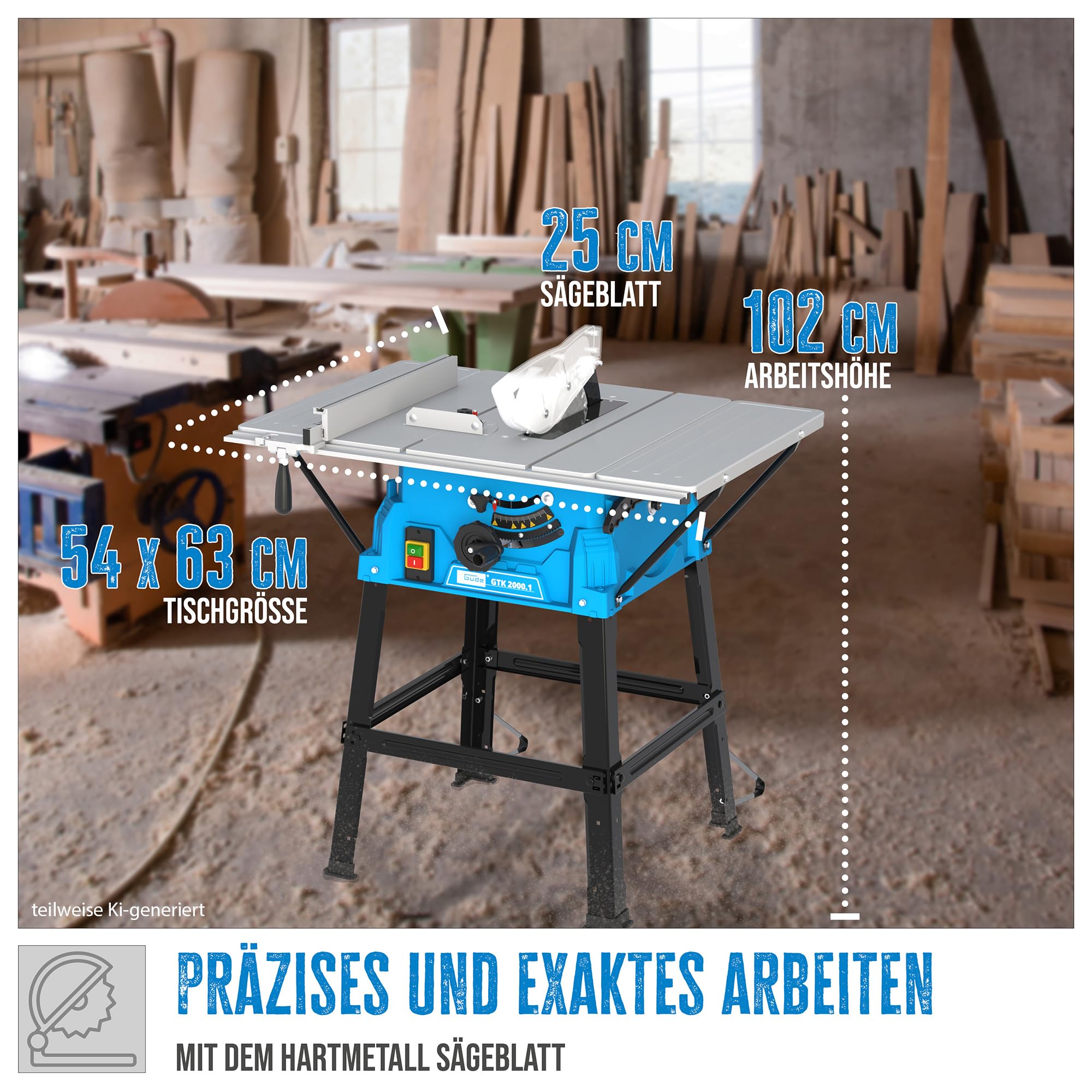 Güde GTK 2000.1 Tischkreissäge - 230 Volt, 2000 Watt, 4800 Umdrehungen pro Minute, Schnitthöhe 8,7 Zentimeter, 2 Stück Hartmetall-Sägeblätter 25 Zentimeter, Tisch 63 mal 54 Zentimeter, Absauganschluss
