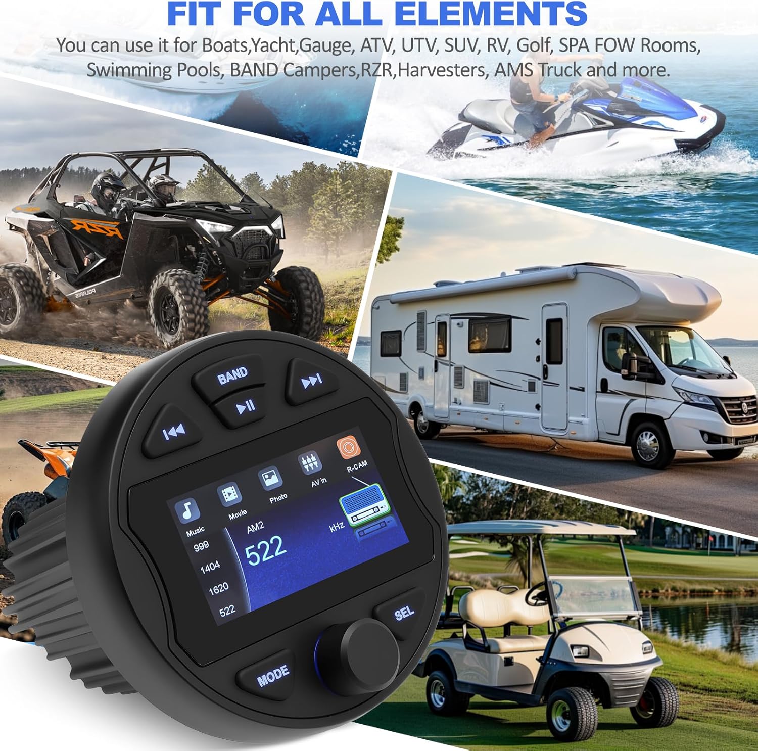 Boat Radio Marine Stereo Receiver,Waterproof Digital Multimedia MP5 Player, 3" LCD Display, Wireless Connection,No CD Player,AM/FM Tuner,AUX USB Preset EQ Subwoofer, for Car,Boat, ATV, Motorcycle, RV