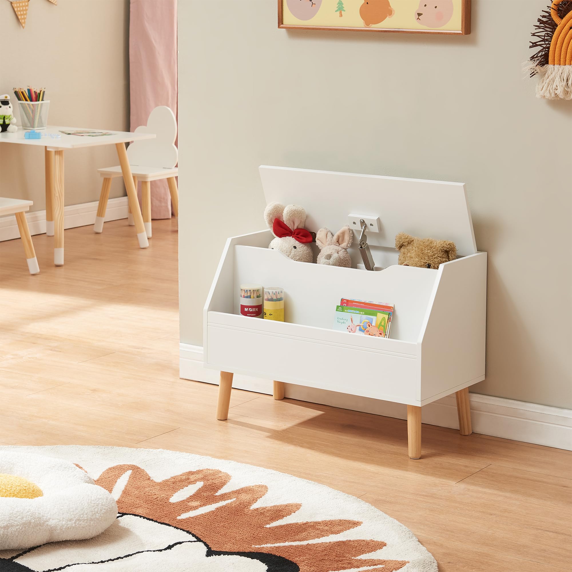 [en.casa] Caja de Almacenamiento de Juguetes Aavanrar Baúl Almacenaje Organizador de Juguetes con Tapa Abatible y Compartimento de Almacenamiento Abierto MDF 60 x 30 x 43 cm - Blanco