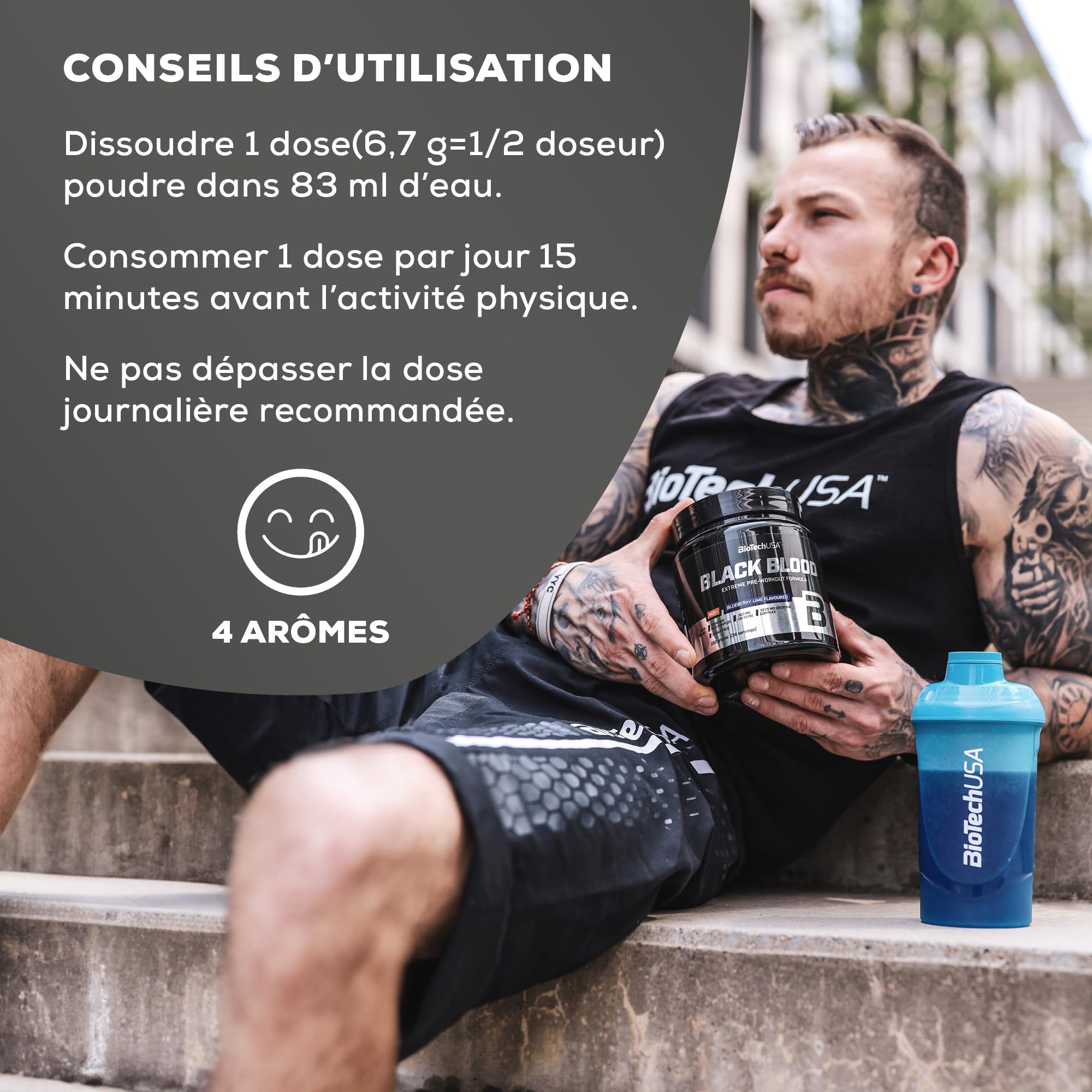 BioTechUSA Black Blood NOX+ | Pré-entraînement avec créatine & caféine | Citrulline, arginine & bêta-alanine | Vitamines B & C pour réduire la fatigue | Sans sucres | 340 g | Myrtille-lime