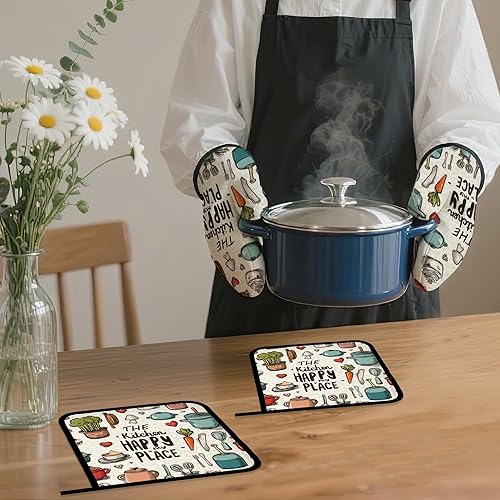 Miniatura 7 de Guantes de horno y soportes para ollas, The Kitchen is My Happy Place, resistentes al calor, guantes y soporte para ollas para decoración del hogar,