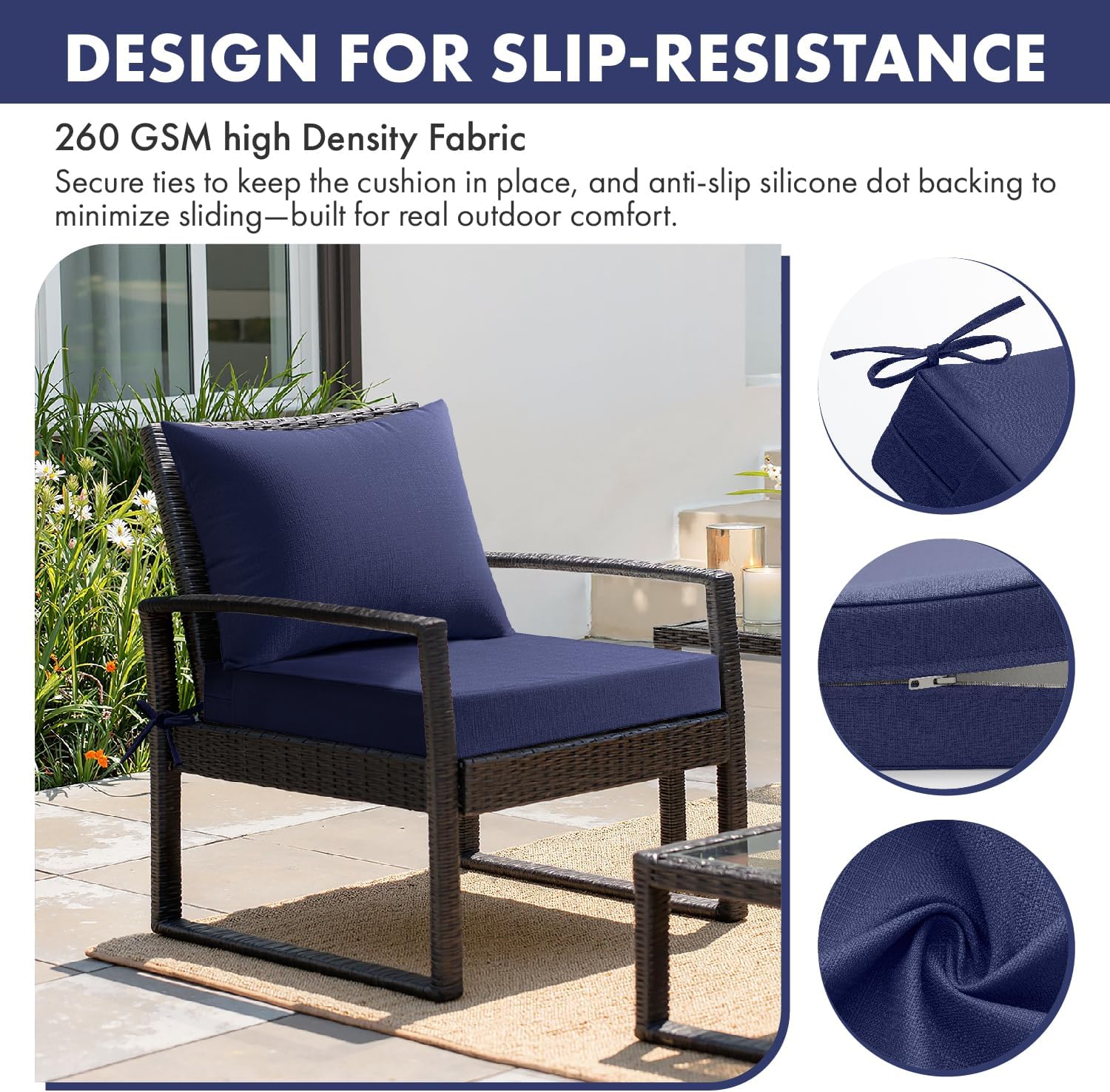 MIULEE Navy Outdoor Seat Cushion Set 22x22 Inch Linen Textured Waterproof & 3 Year Color Fastness Seat and Back Cushion with Ties No Slip Design for Patio Furniture Chair Sofa Couch