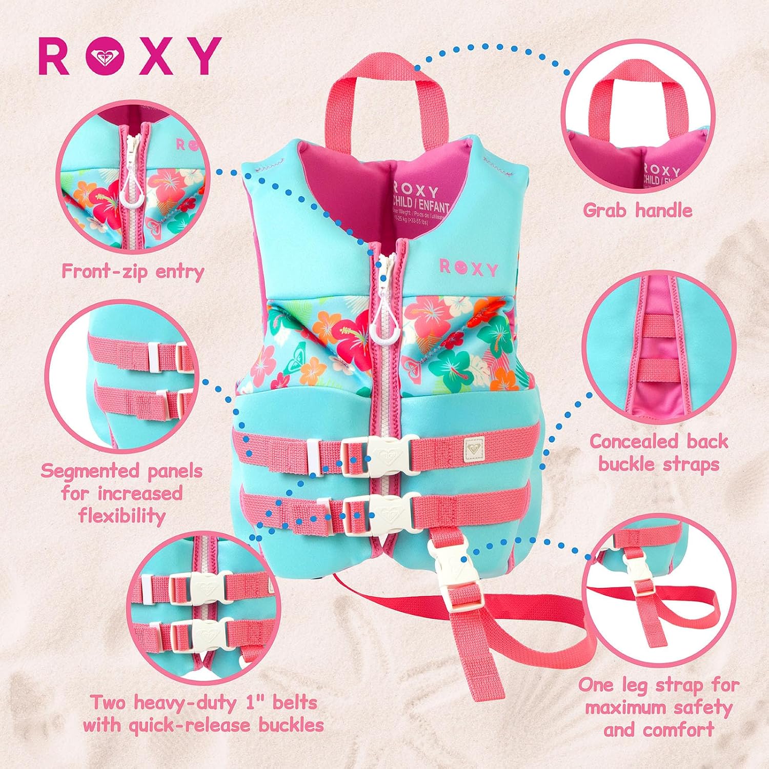 ROXY Kids Life Vest for 33-55 lbs, USCG and Transport Canada Approved PFD with Quick-Release Belts, Adjustable Leg Strap, for Boating Kayaking Fishing Paddling Watersports