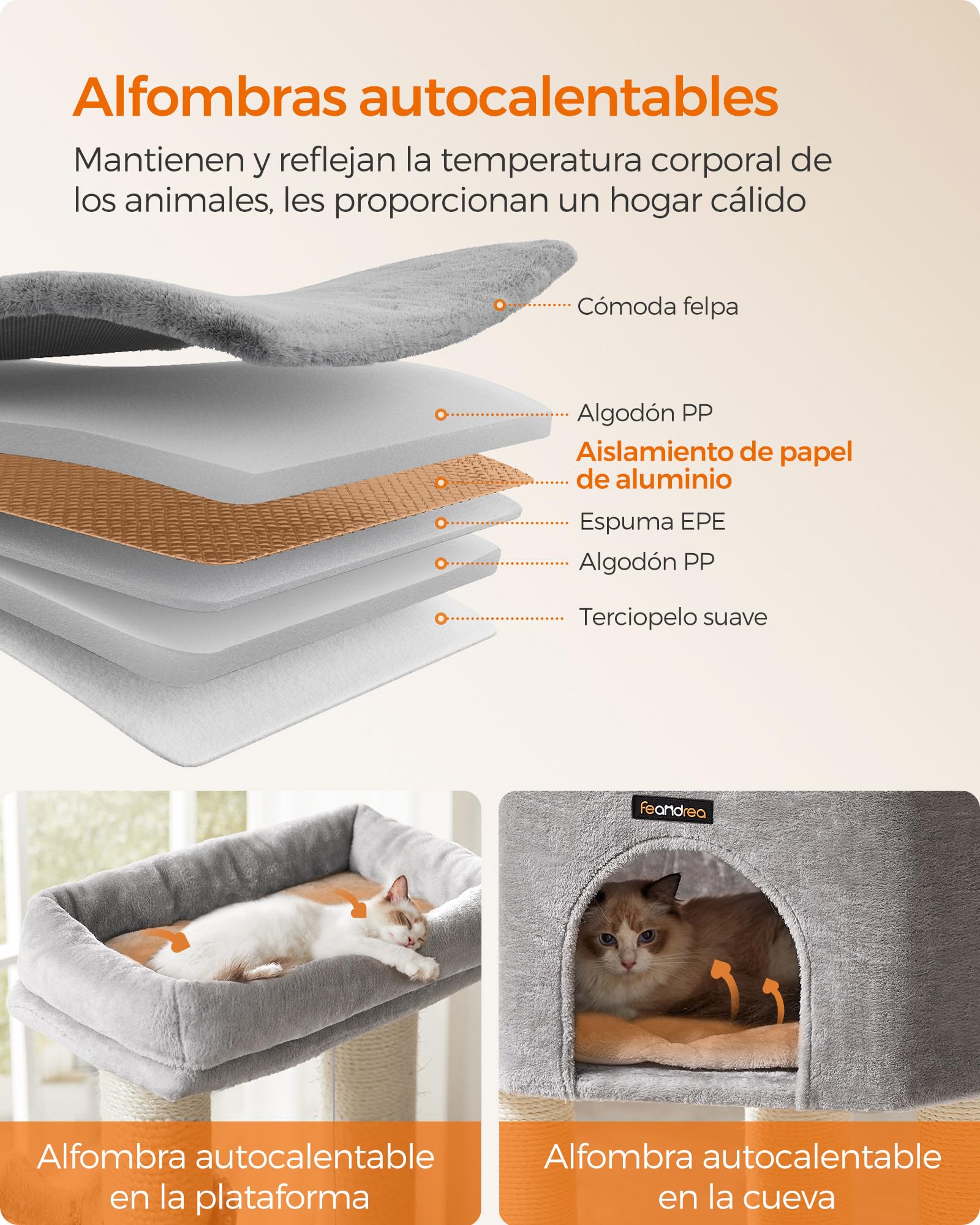 Feandrea Árbol para Gatos Grande y Estable, Torre para Gatos Grandes, con Almohadillas Autocalentables, Solapas, Cueva, Cuerda de Sisal, 50 x 50 x 160 cm, Gris Paloma y Blanco Crema PCT003N01