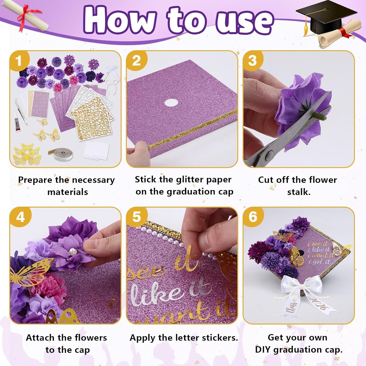 45 Pcs DIY Graduation Cap Decorations Kit Faux Flower Heads Bow 3D Butterfly Adhesive Rhinestones Glitter Alphabet Letter Number Sticker for Grad Cap Topper Graduation Party DIY Crafts (Purple)