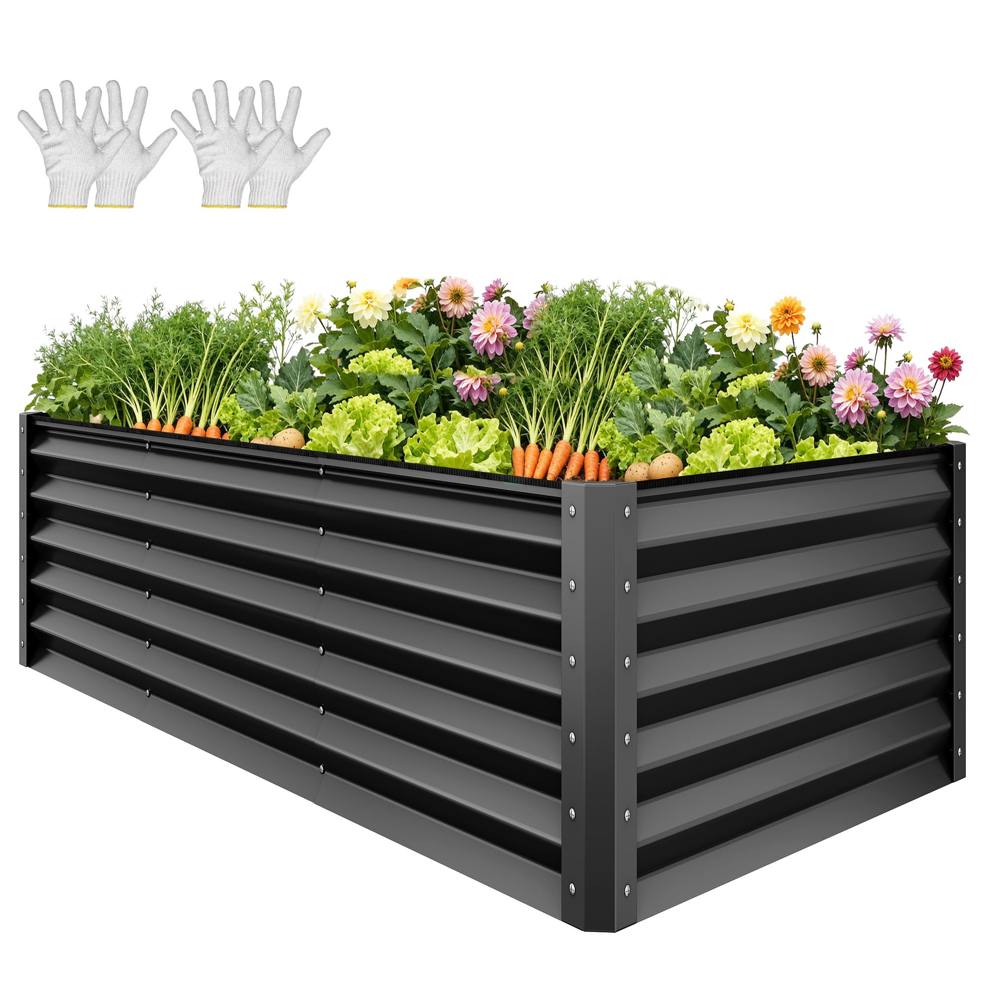 Photo 1 of ** scrapes/dirt **YITAHOME 8x4x3ft Large Raised Garden Bed Kit, Galvanized Metal Planter Box with Gloves, Support Rod & Safety Rubber, Outdoor Above Ground Planters for Plants Vegetables Flowers, Black