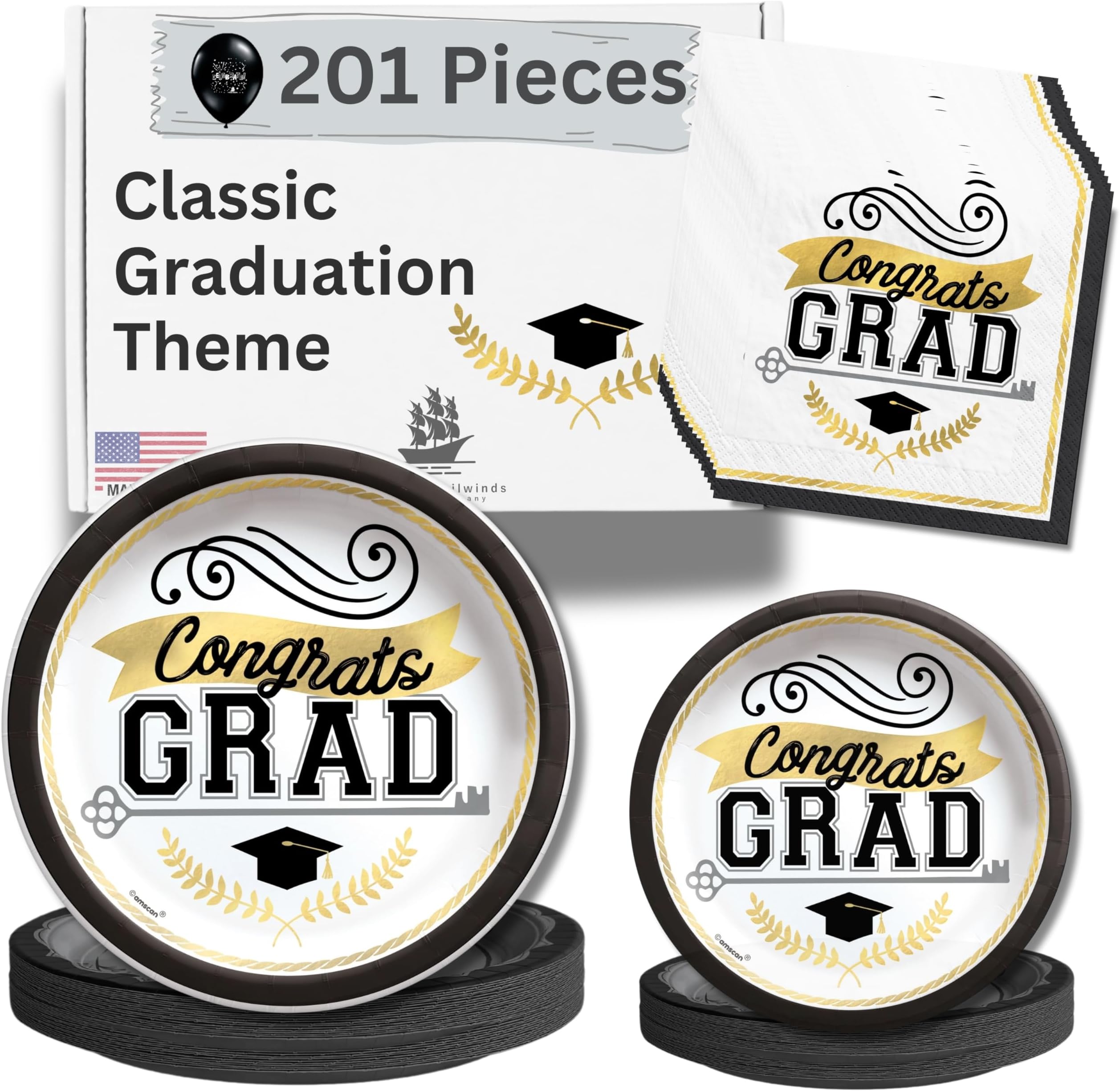 Graduation Plates and Napkins 2024- Black and Gold Disposable Paper Dinnerware Supplies for High School, College Graduation Party Decorations, Bundle Serves 50