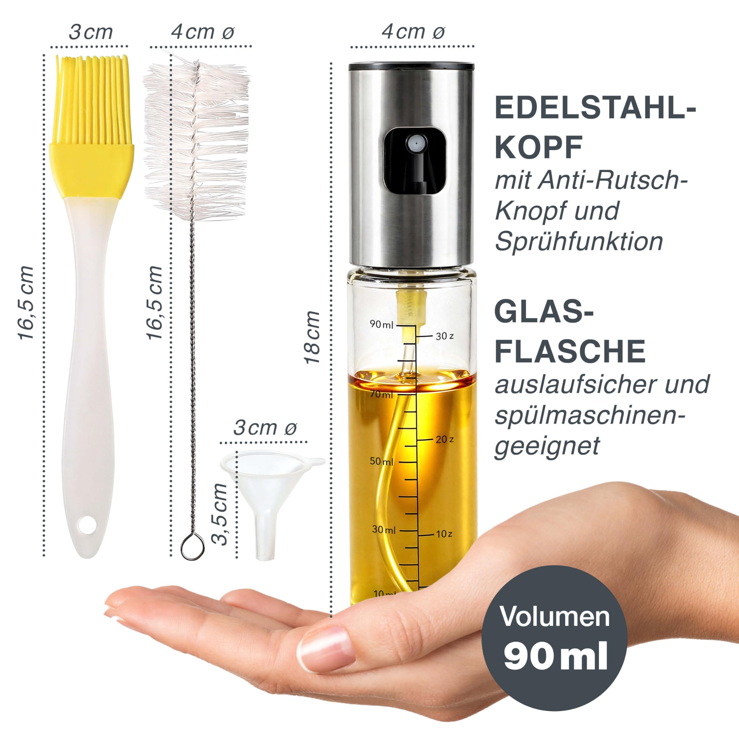 Moritz & Moritz Opryskiwacz do oleju 90 ml – kompaktowa butelka ze szkła z rozpylaczem oleju do kuchni, grilla i frytkownicy – nadaje się do oleju, octu, wody i sosu sojowego – ze szczotką i
