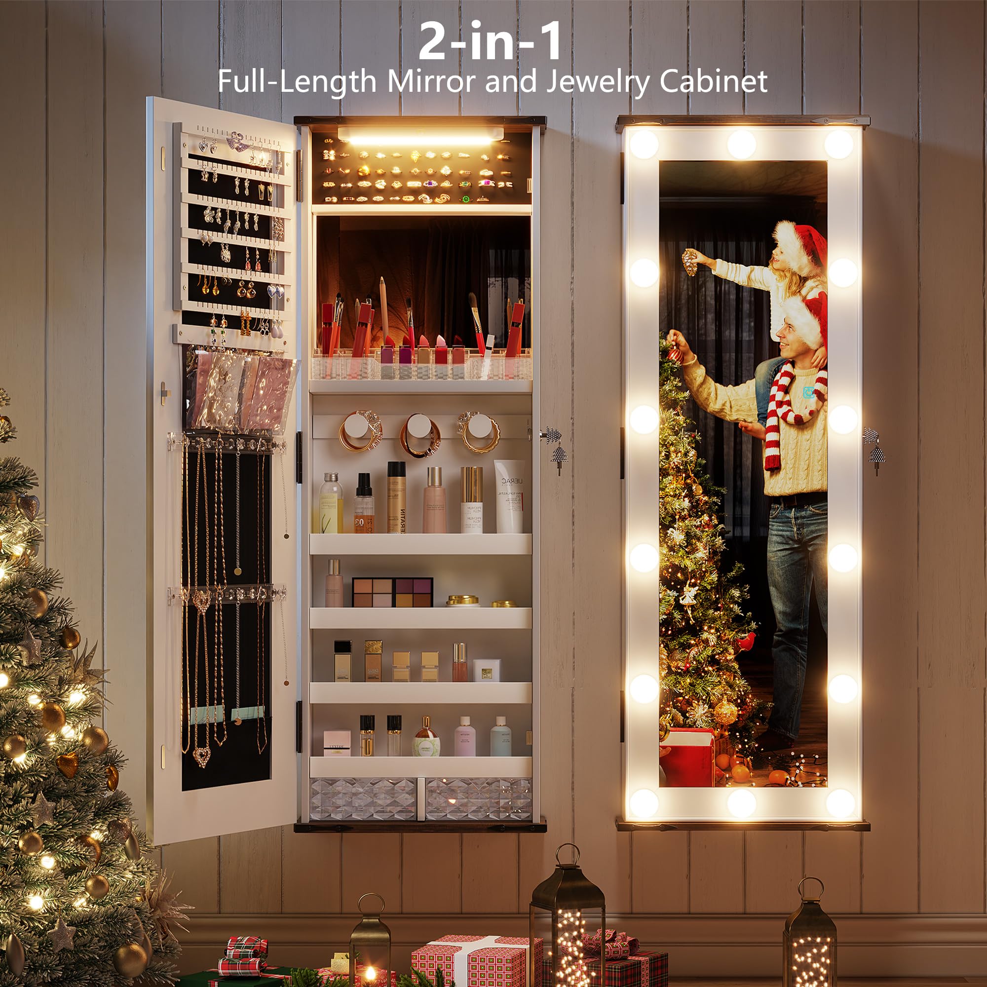 Fredees 360° Swivel LED Jewelry Cabinet, Lockable Wavy Mirror Organizer With Rear Shelves And Makeup Tray White
