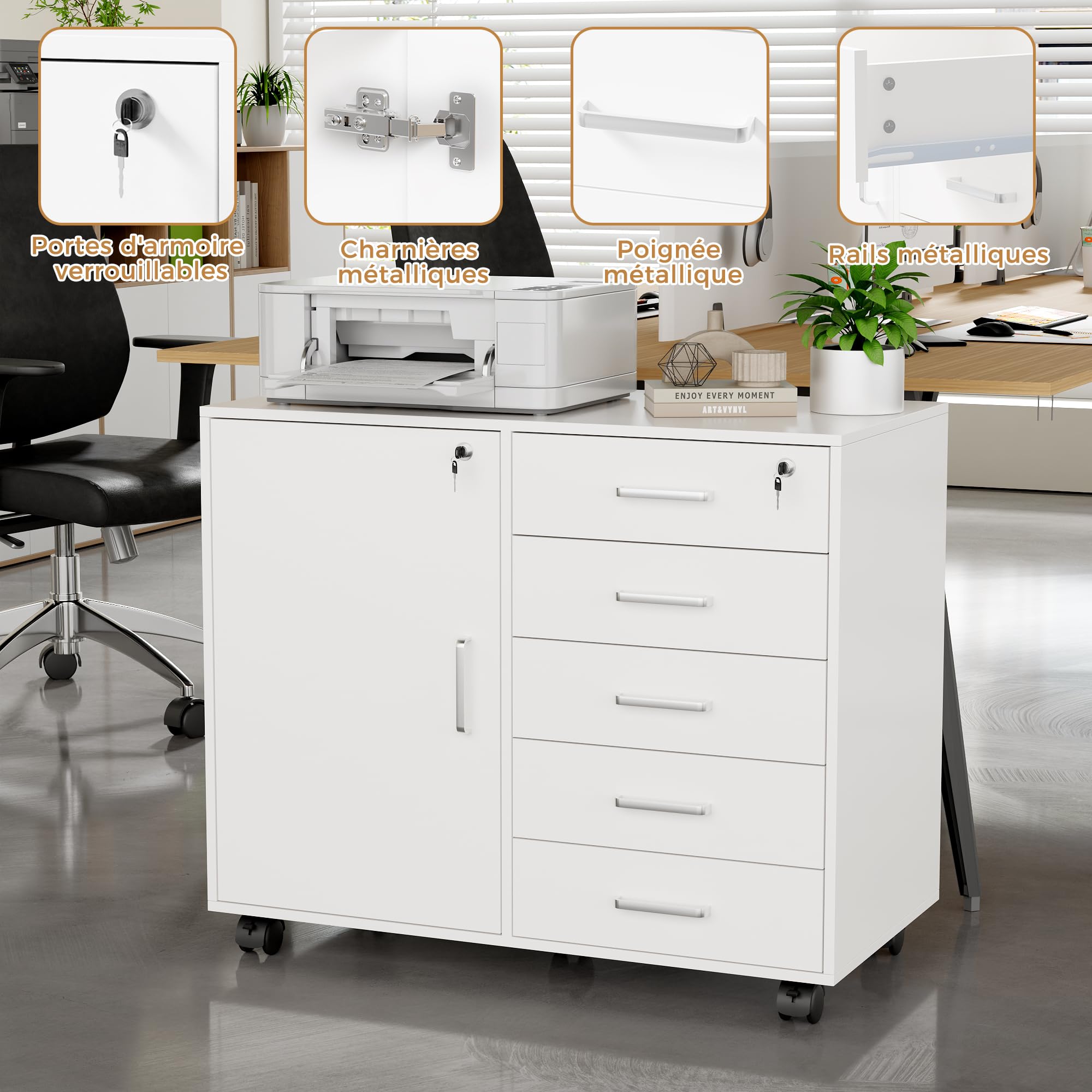 BEWISHOME Caisson de Bureau Rangement à 5 Tiroirs Verrouillables, Meuble Rangement Bureau avec 5 roulettes, Meuble imprimante Mobile avec 3 étagères réglables, Poignées métalliques, 78x40x65,5 cm