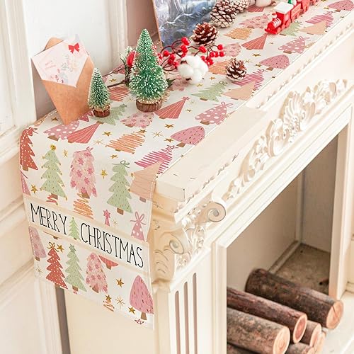 Miniatura 4 de AnyDesign - Camino de mesa bohemio con texto en inglés "Merry Christmas" para decoración de árbol de Navidad, mantel impermeable para suministros de