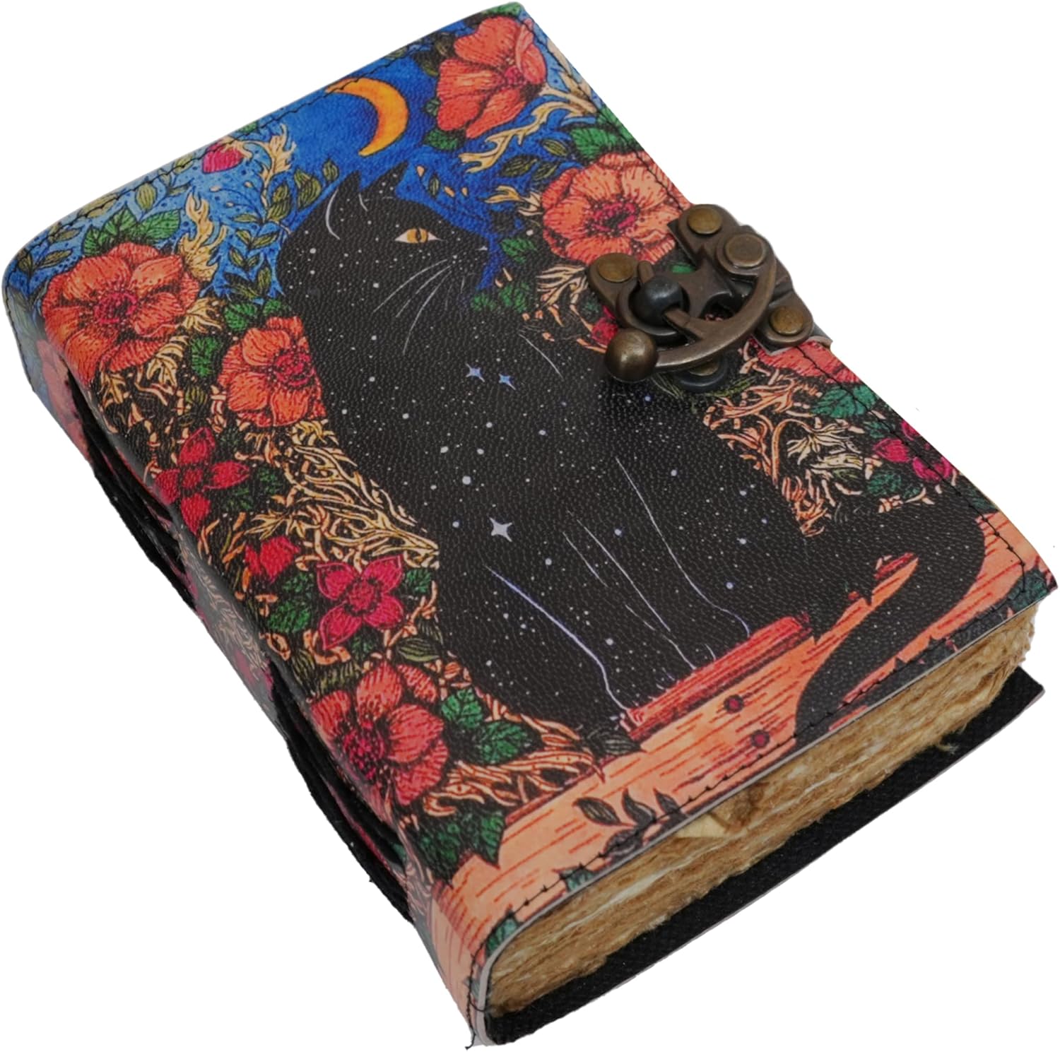 Blank Spell Book of Shadows Grimoire Journal Magic Cat Printed Witchcraft Supplies Witch Wiccan Notebook Handmade Vintage Deckle Paper Leather Sketchbook, Great Gifts 7x5 inches
