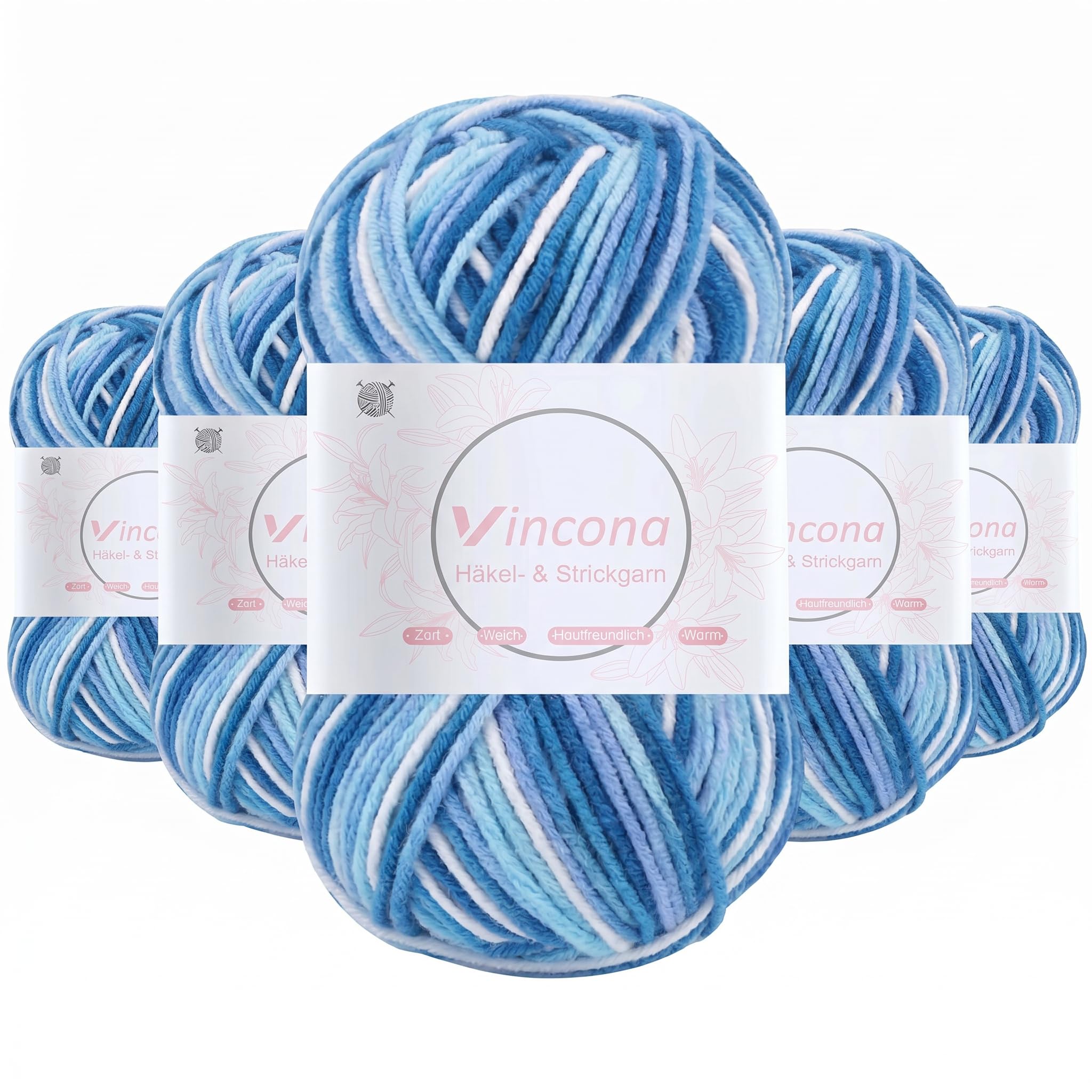 Vincona Häkelgarn，5x50 g Wolle zum Häkeln，Bunt Farbverlauf Acrylgarn zum Häkeln，Wolle zum Häkeln und Stricken, Handstrickgarnsets Geeignet zum Stricken von Puppen, Pullovern, Schals, Mützen