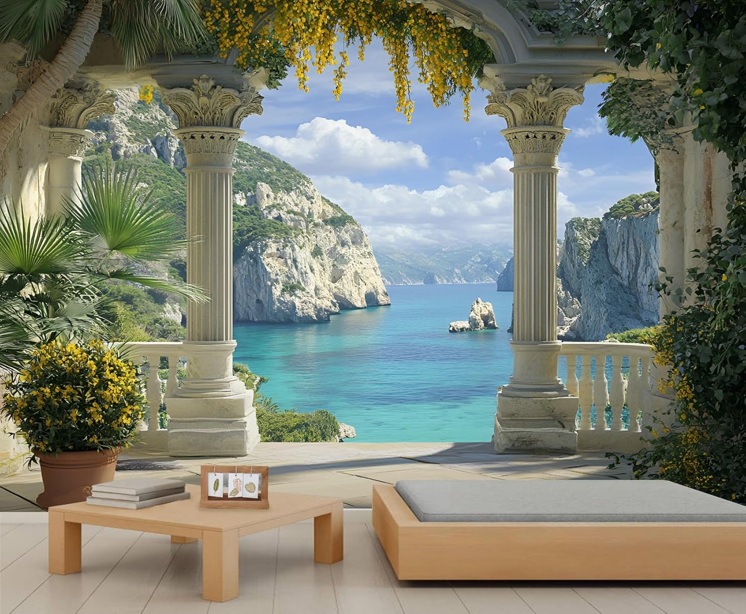 Italian Buildings Wall Murals, Mediterranean Seascape 3D Wall Mural, European Roman Columns Wallpaper, Wallpaper for Bedroom Living Room 138" W x 100" H