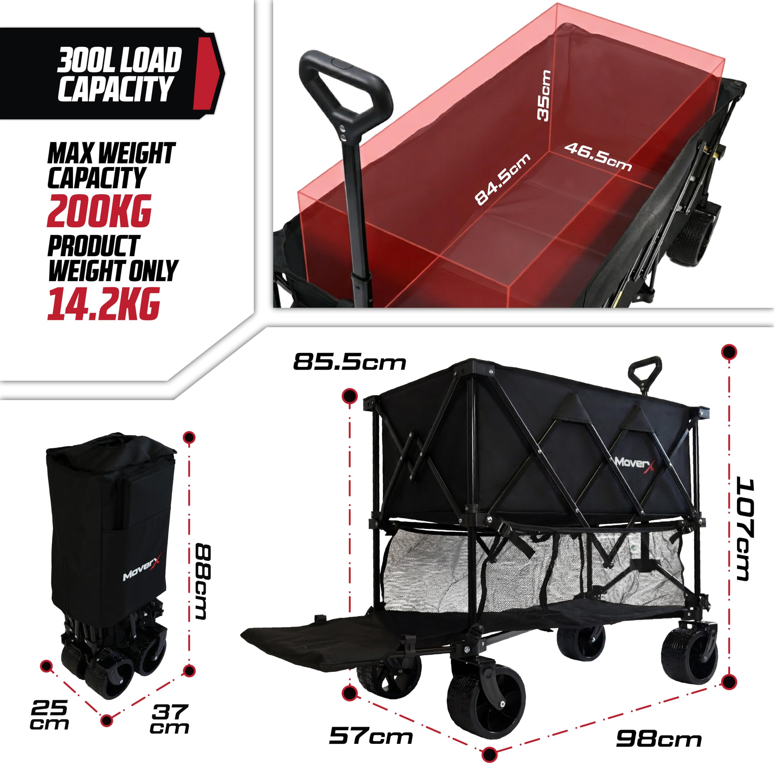 MoverX Carrello da 300 litri su ruote, a due piani, carrello da campeggio portatile, pieghevole per spiaggia, giardino, picnic, shopping, pesca, ruote larghe, manico regolabile, nero