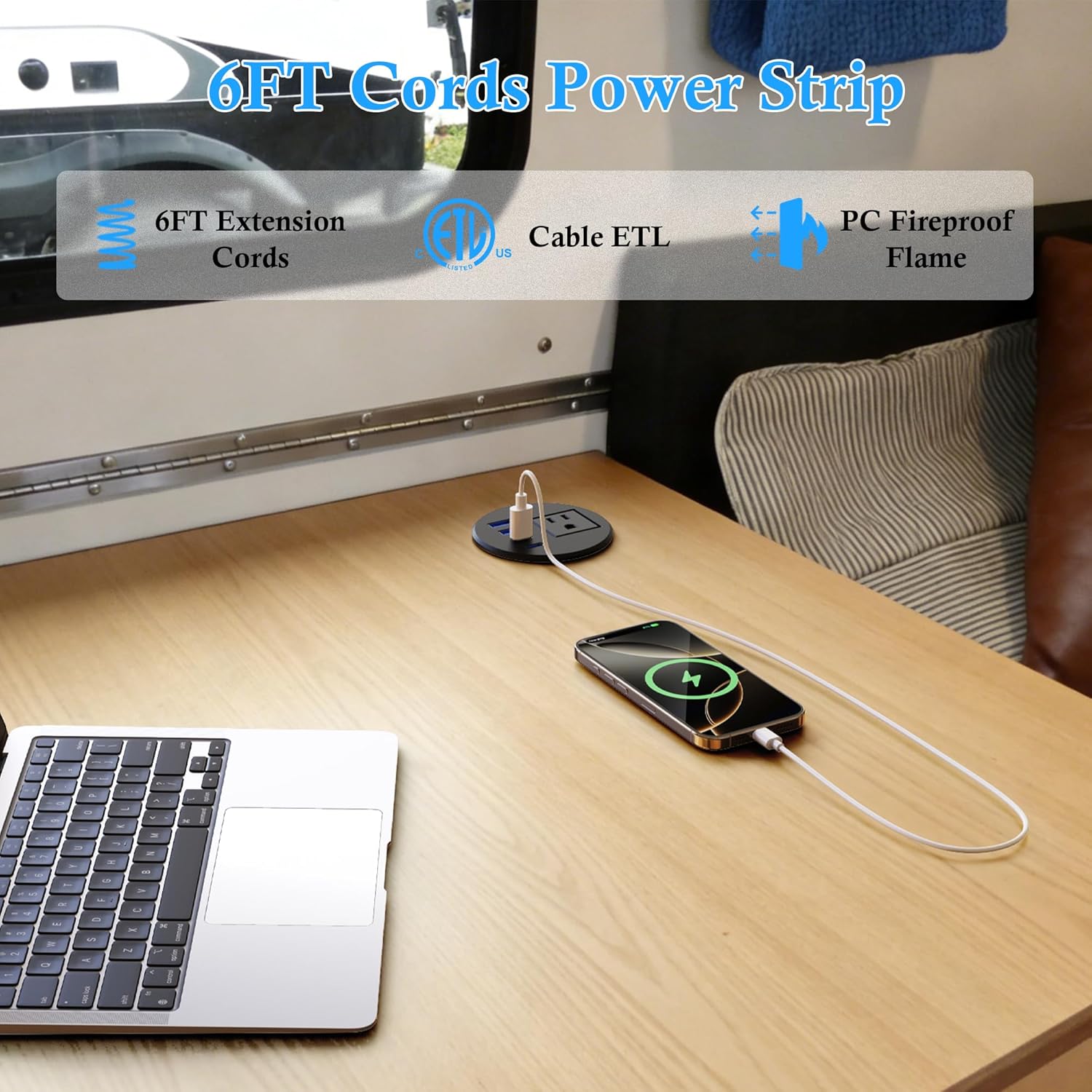 2.5 inch Desk Power Grommet with Dual 20W USB C Fast Charging, Recessed Desktop Grommet with AC Outlet and 4 USB Ports 6FT Cords Recessed Power Outlet for Conference,Office Tables and Furniture, Black