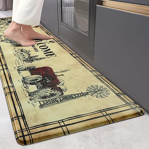 Likiyol Farmhouse Kitchen Rugs Anti-Fatigue Kitchen Mats for Floor Farm Rooster Buffalo Plaid Kitchen Rug Non-Slip Washable Waterproof Cushioned Comfort Standing Mat for Home/Office/Sink, 18''x60''