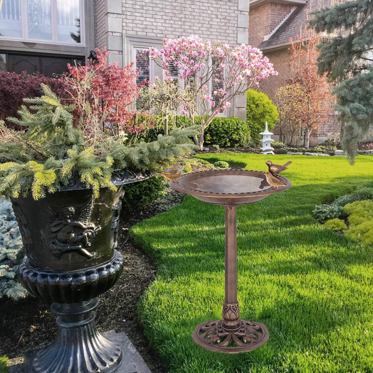 GYMAX Mangiatoia per Uccelli, Abbeveratoio Contenitori per Alimenti e Acqua Uccellini, Decorazioni Retrò per Giardino, Cortile, Patio (Bronzo, Φ51 x 76 cm)