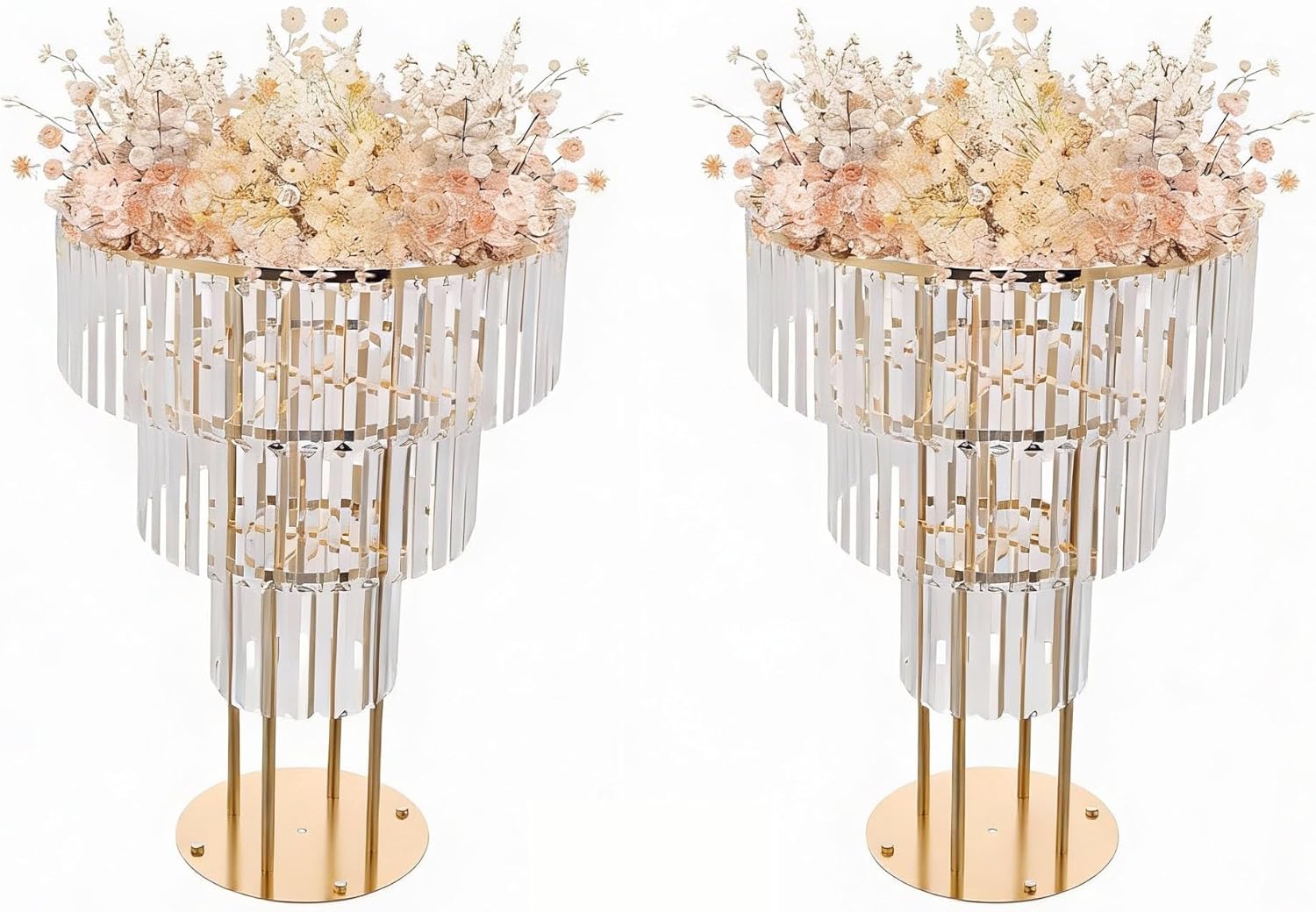 2Pcs Gold Wedding Flower Vases, Metal Flower Stand with Hanging Crystals & Round Pedestal, Modern Crystal Flower Holder for Wedding Road Lead T Stage Decoration (3 Tier)
