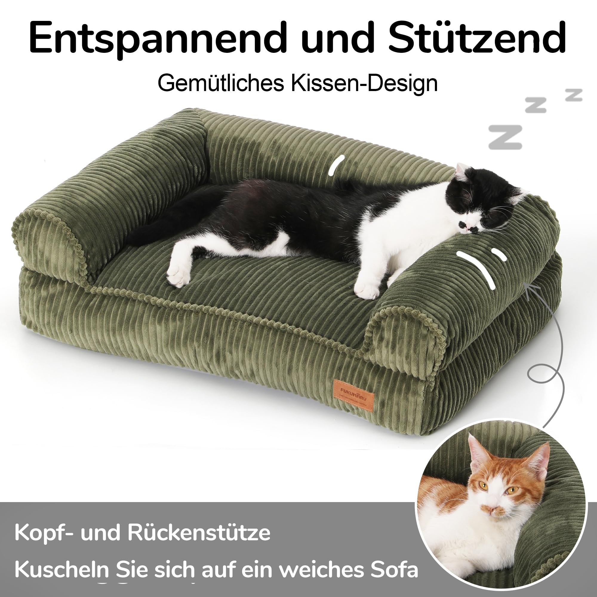FUKUMARU Katzensofa Bett, Corduroy Gemütliches Katzenbett für drinnen mit abnehmbarem waschbarem Bezug, Stützendes Anti-Rutsch Hundebett Sofa für kleine Hunde, 72 x 52 x 22 cm, Mittel, Grün