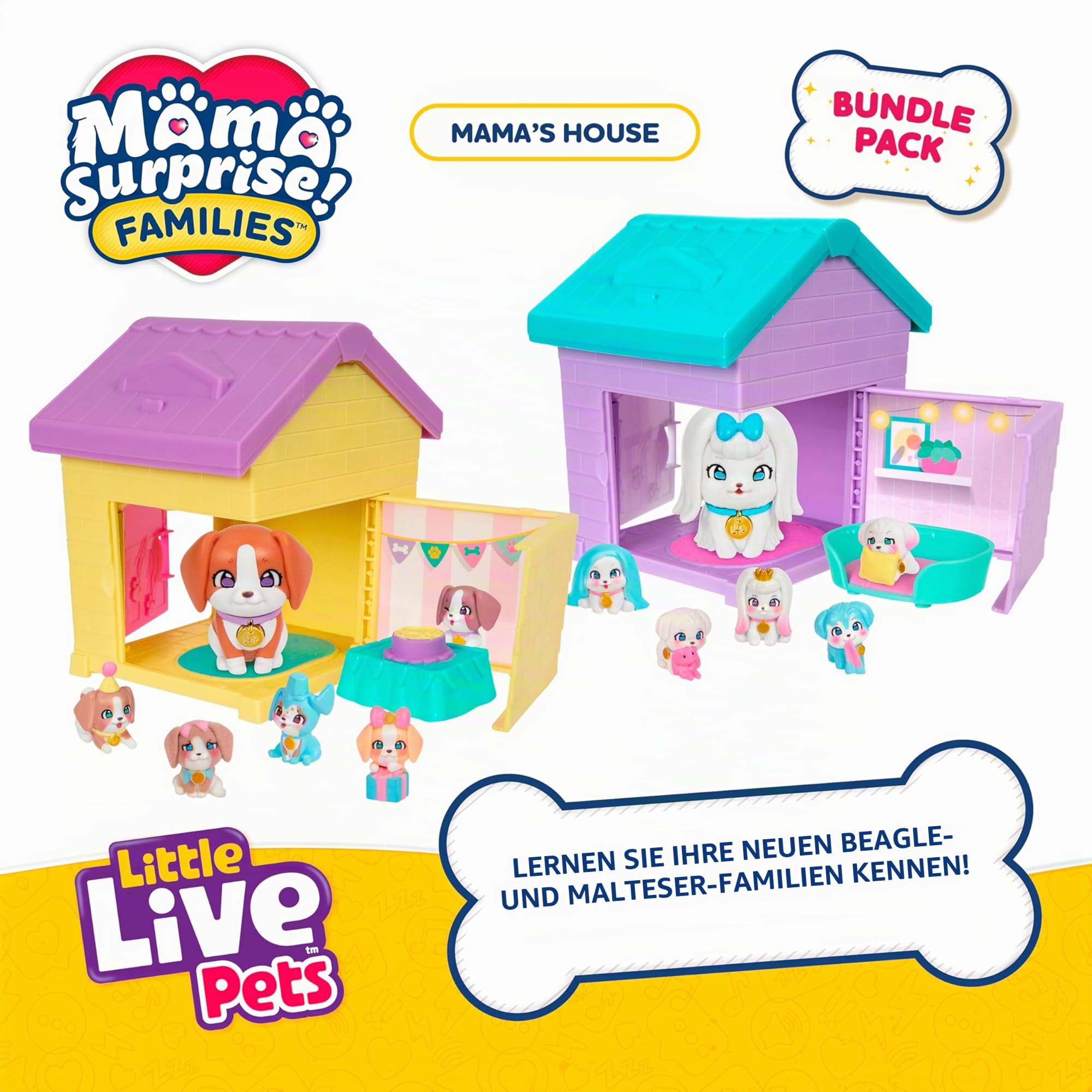 Little Live Pets Mama Surprise Families – Mamas Hütte-Packung, Bulldogge & Spaniel, 2 Hütten & Welpen, jede Mama bekommt 4–6 Babys, ausklappbares Spielset, 80+ Stück zum Sammeln, Geschenk für Kinder