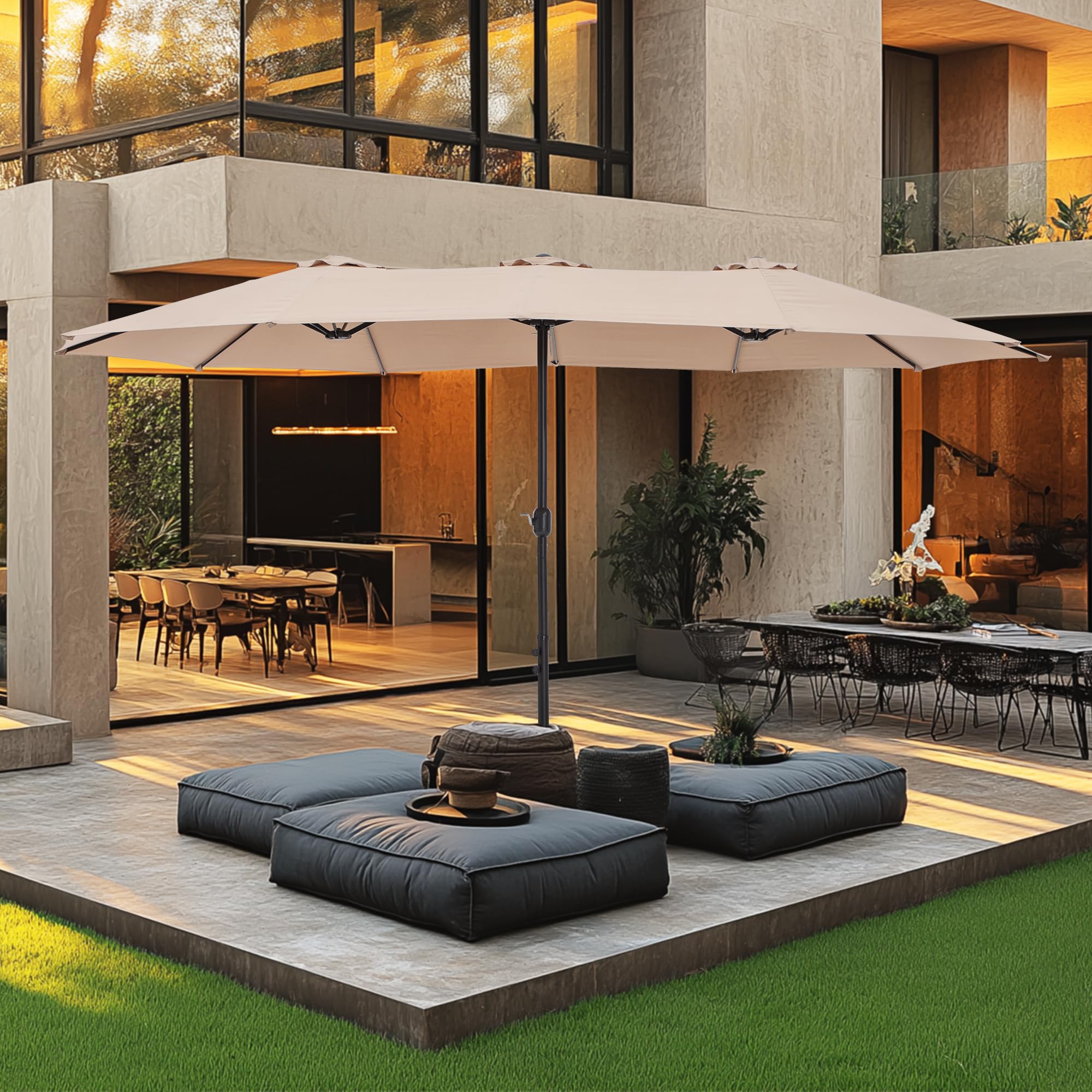 Photo 1 of ***FINAL SALE NO RETURN****MFSTUDIO 15ft Double Sided Patio Umbrella with Base Included, Outdoor Large Rectangular Market Umbrellas with Crank Handle for Deck Pool Shade, Beige