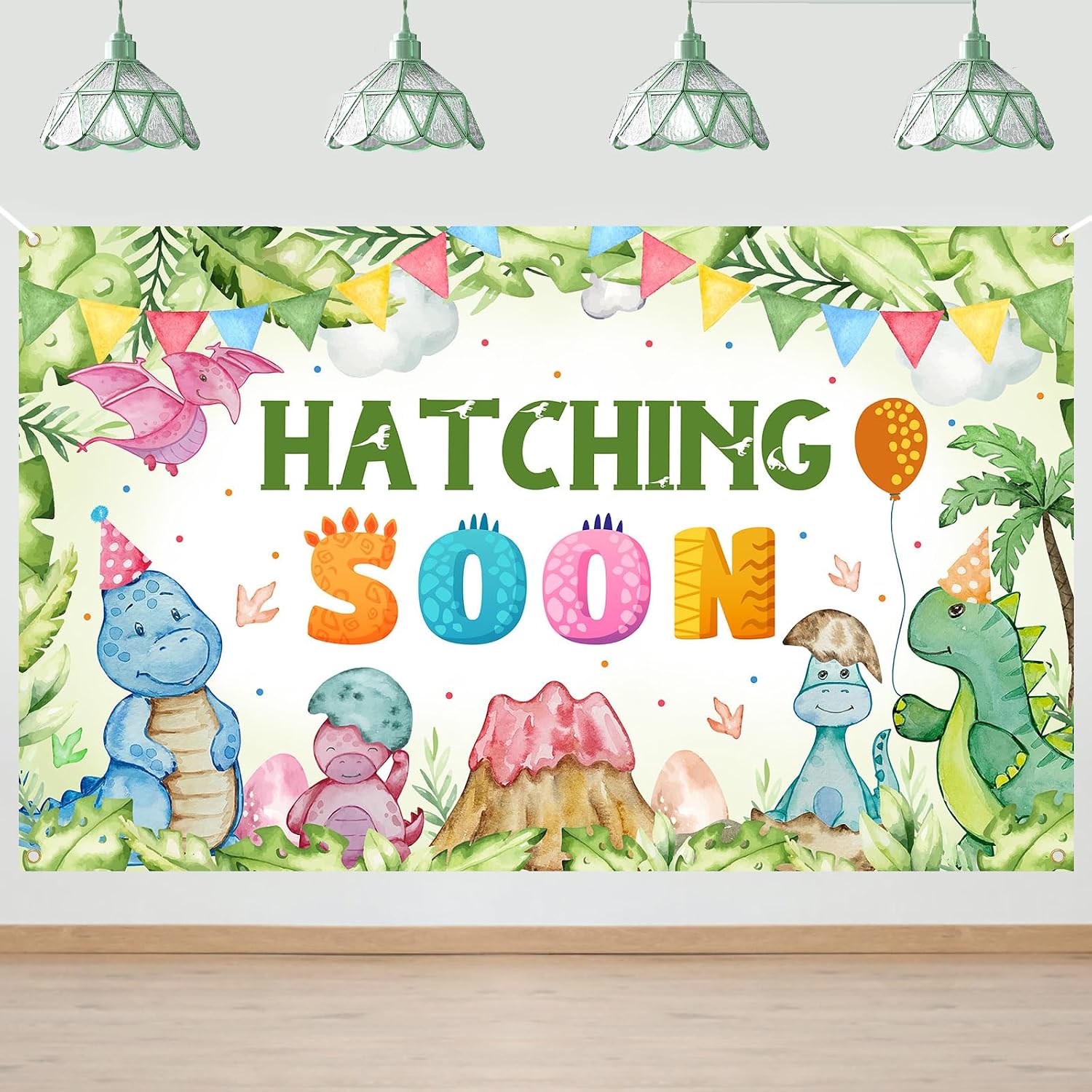 Avezano Hatching Soon Backdrop Banner Dinosaur Baby Shower Party Decorations for Boys Watercolor Dino Hatching Soon Baby Shower Party Supplies (6x3.6ft)