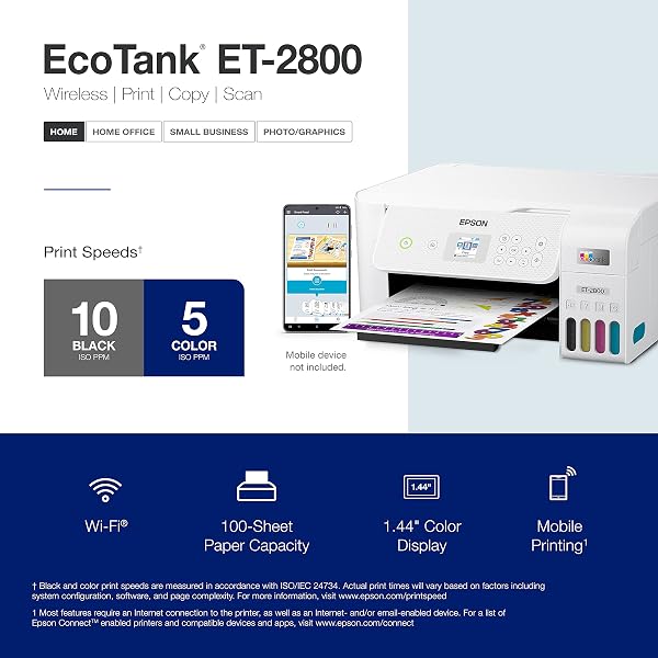 Epson EcoTank ET-2800 Wireless Color All-in-One Cartridge-Free Supertank with Scan and Copy, The Ideal Basic Home Printer - White - 4