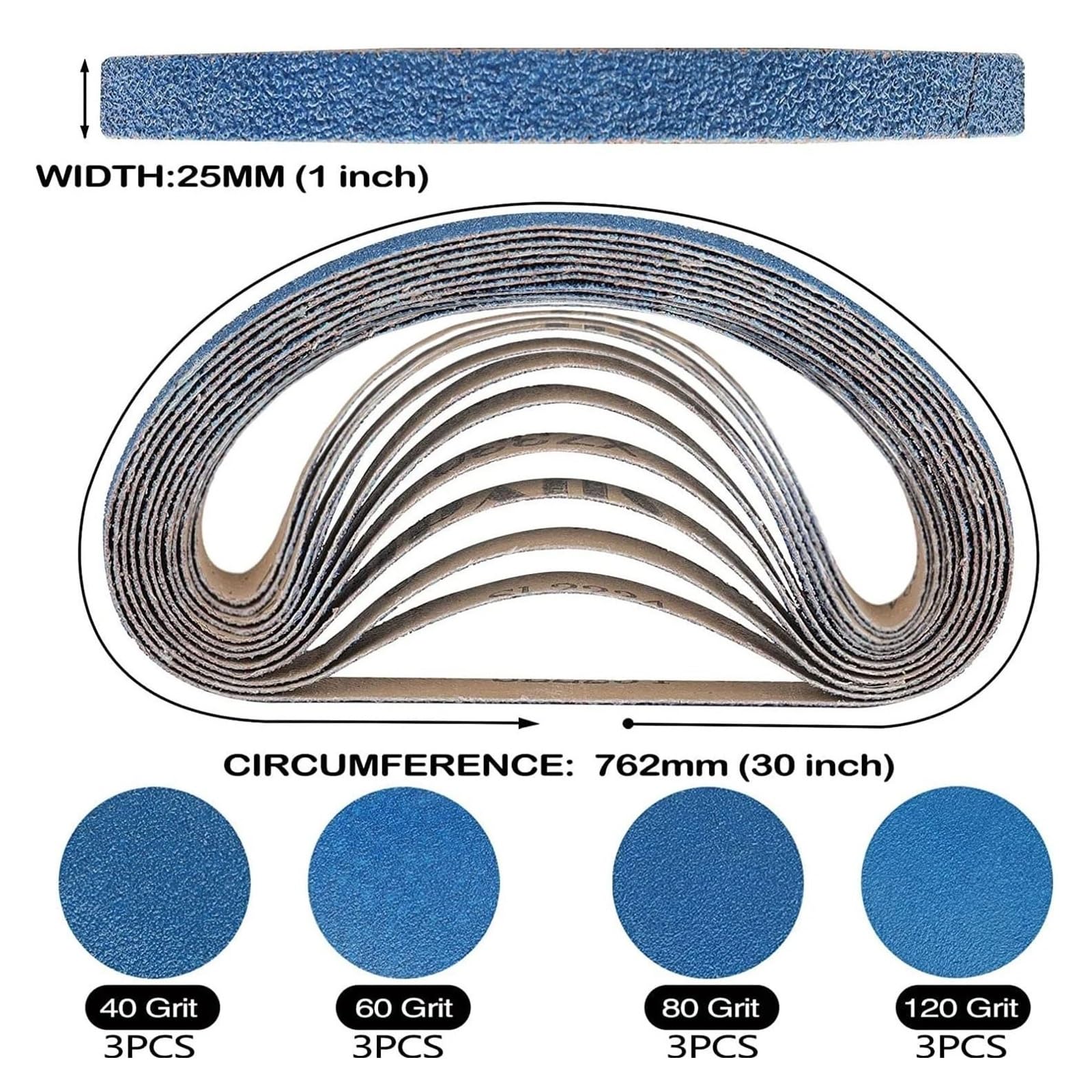 12 pezzi 1x30 pollici 762X25mm 40 60 80 120 grane assortite nastri abrasivi in ​​zirconio for levigatrici(P40)