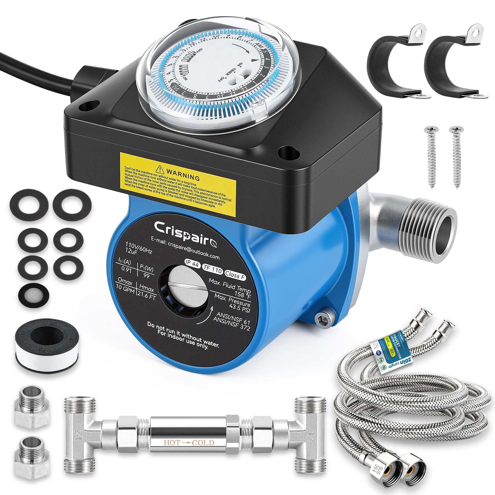 Kit de bomba de recirculación de agua caliente instantánea para calentadores de agua de tanque, válvula de sensor de acero inoxidable 304, líneas PEX de 20 pulgadas, temporizador inteligente