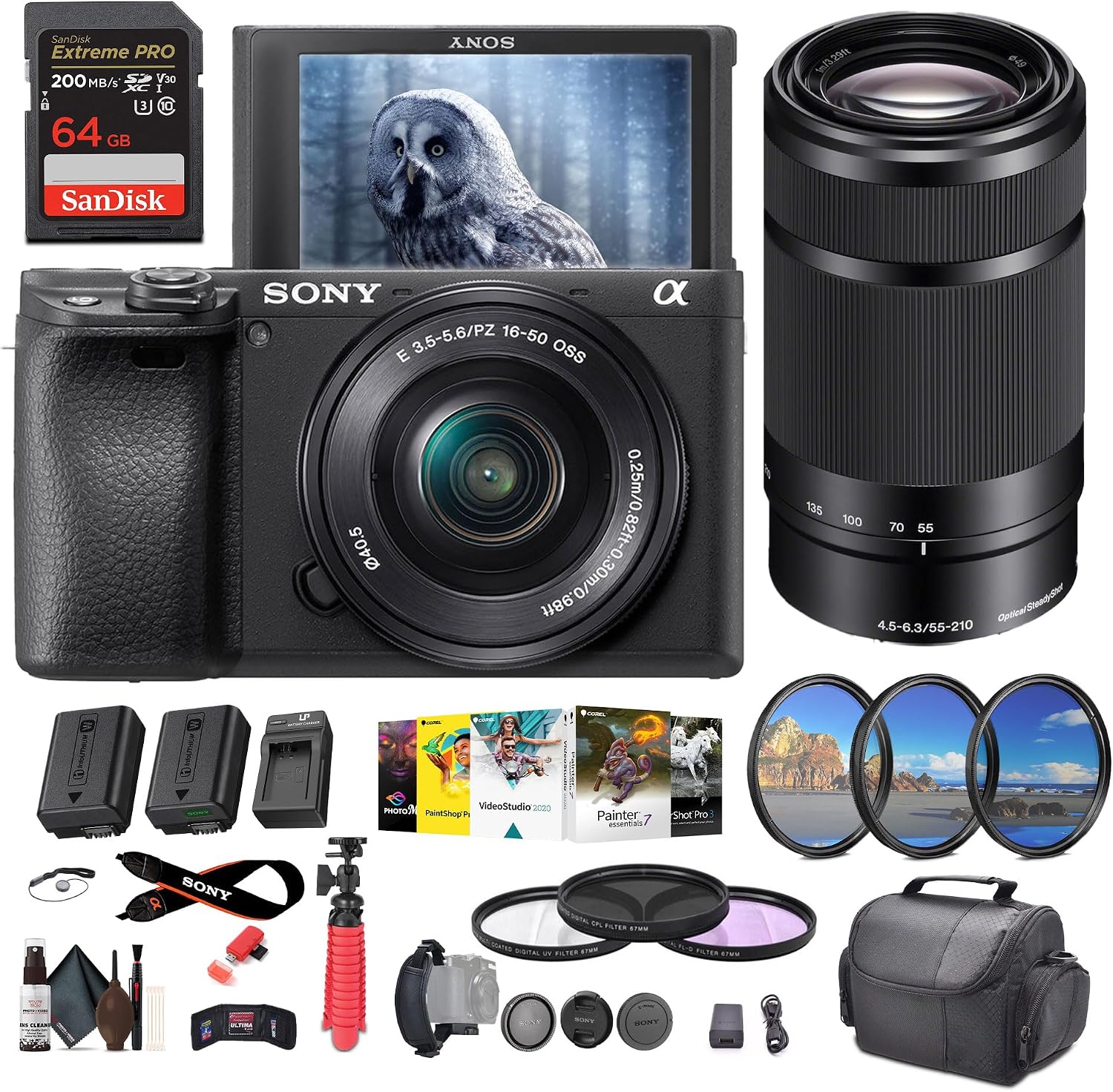 Sony a6400 Mirrorless Camera with 16-50mm Lens (ILCE-6400L/B) + Sony E 55-210mm f/4.5-6.3 OSS Lens + 64GB Memory Card + NP-FW50 Battery + More